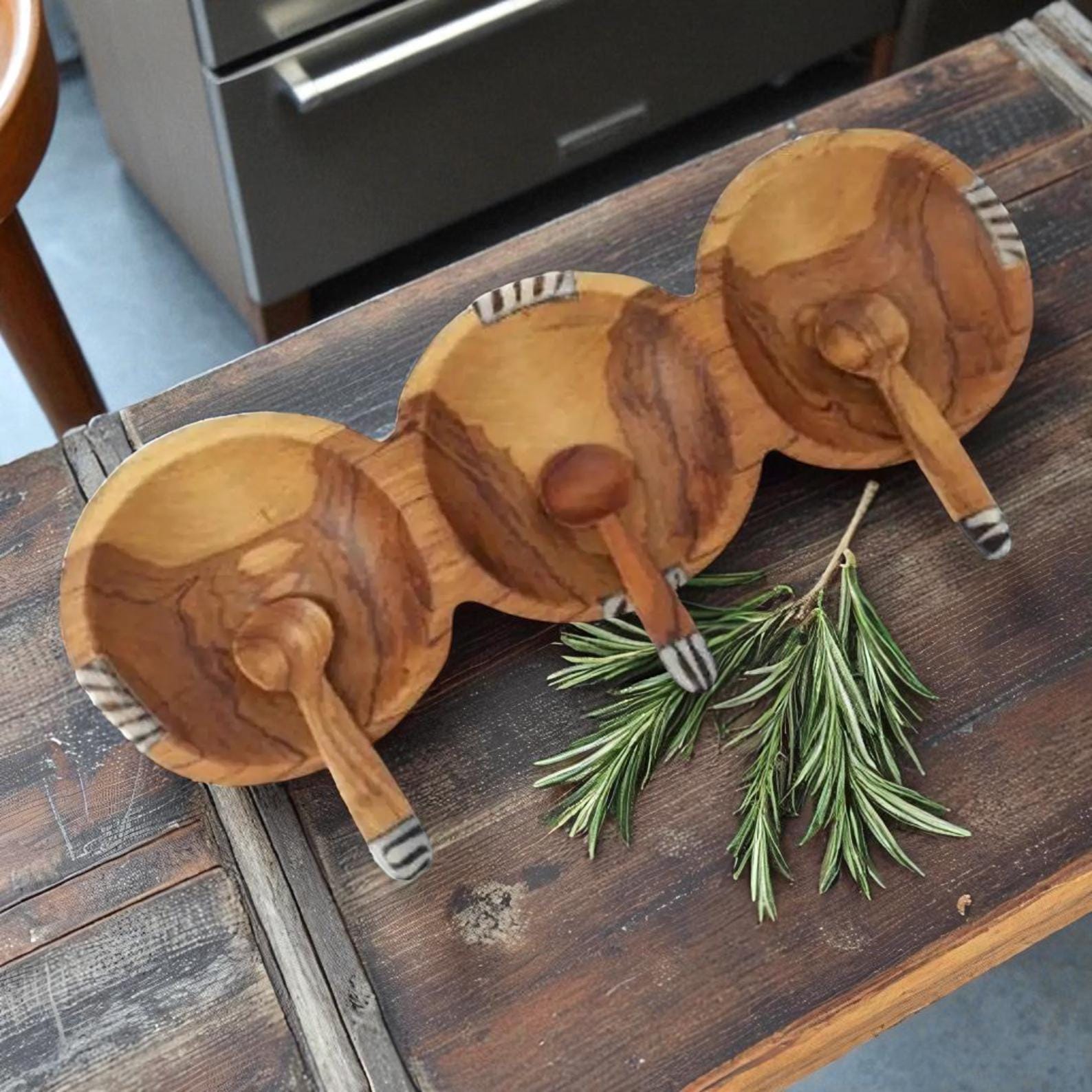 Handcrafted Olive Wood Condiment Bowl: Triple Spice Server with Spoons