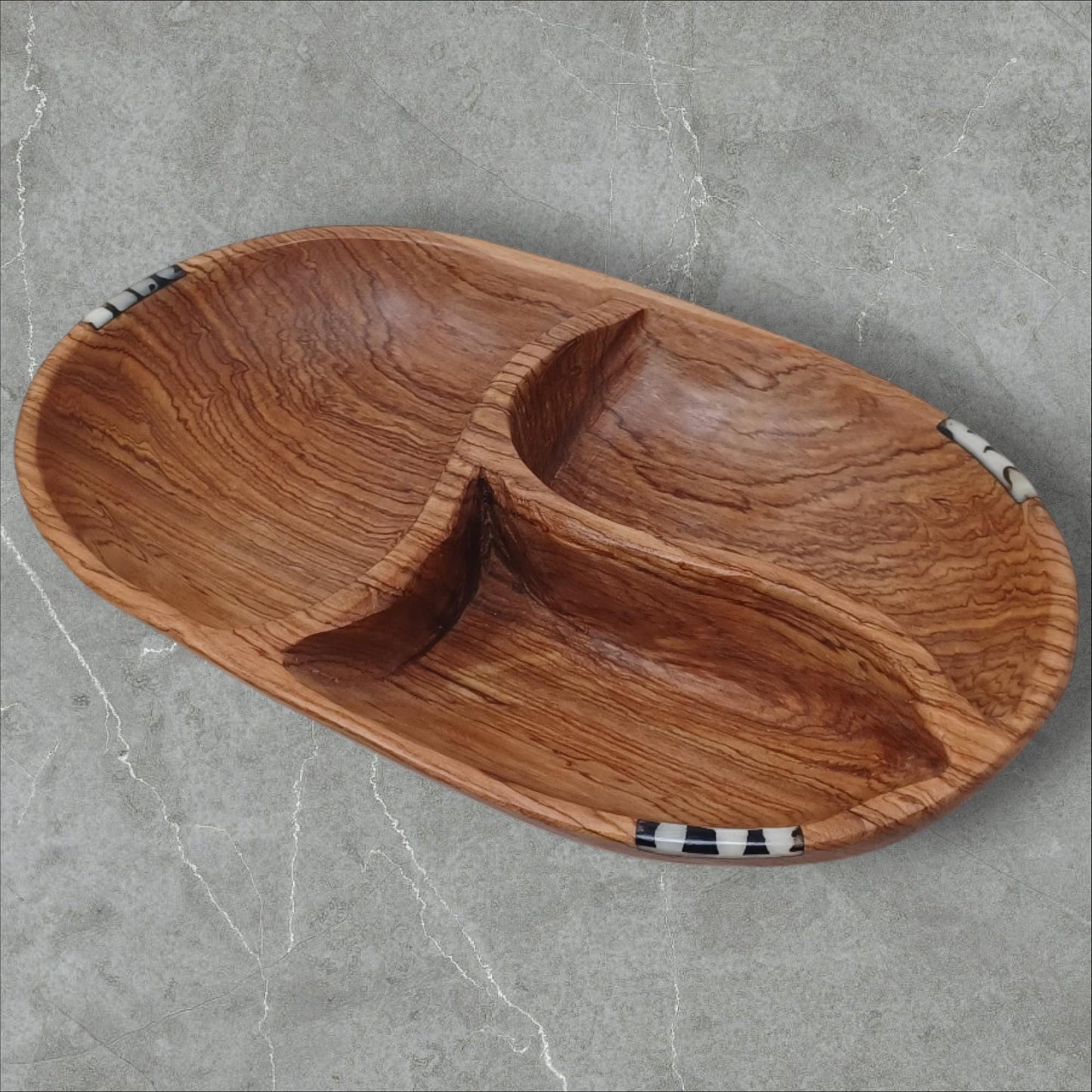 Hand-Carved Olivewood Divided Bowl: Rustic Snack & Dip Server