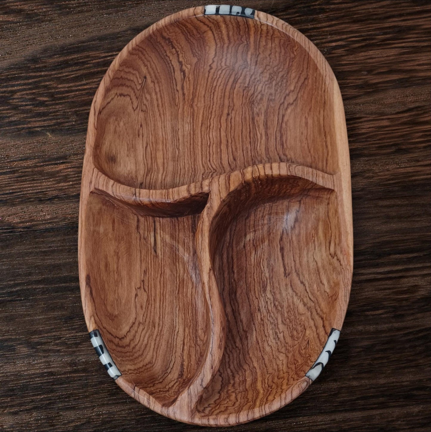 Hand-Carved Olivewood Serving Bowl: Rustic 3-Section Appetizer Dish