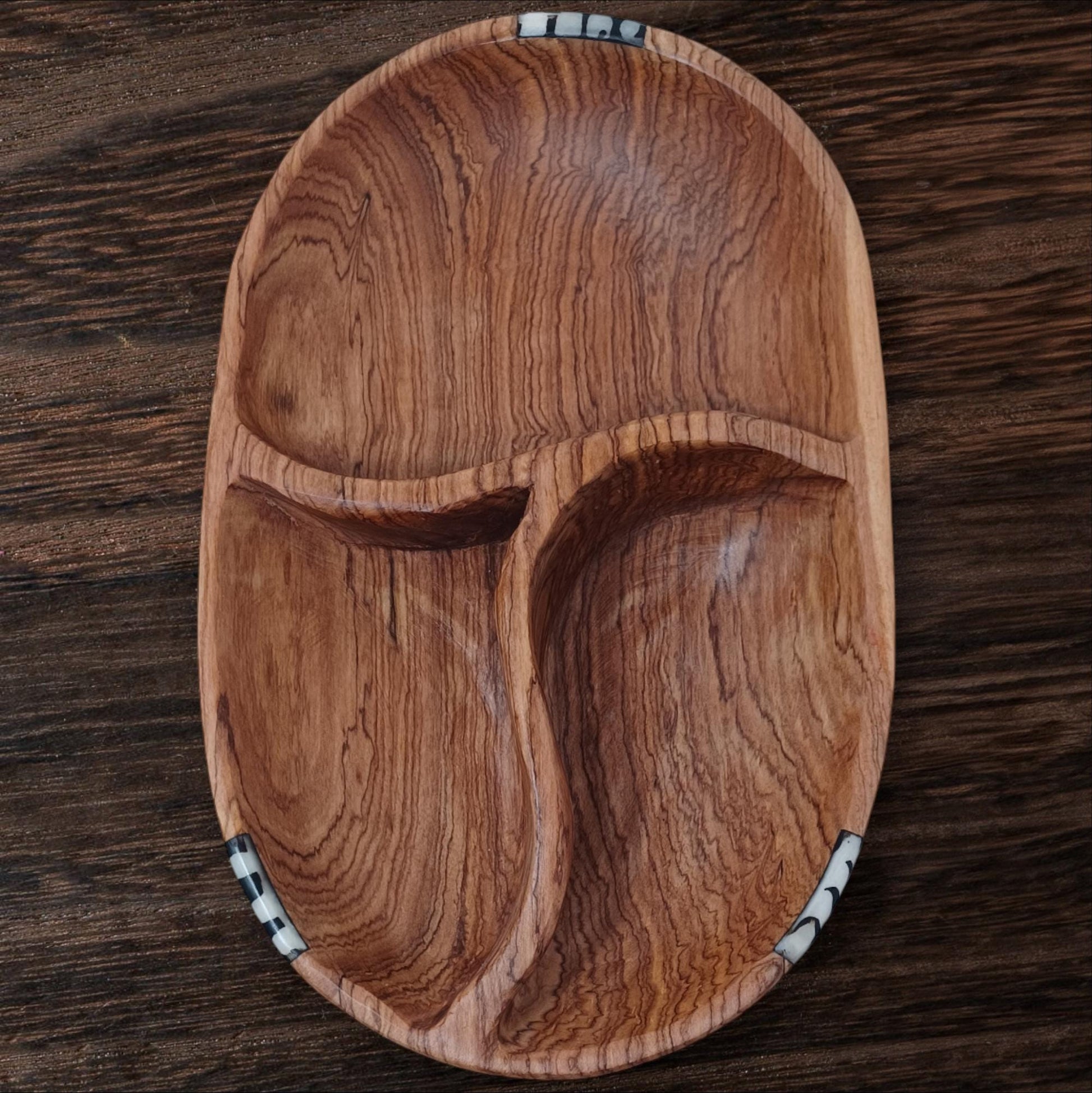 Hand-Carved Olivewood Divided Bowl: Rustic Snack & Dip Server