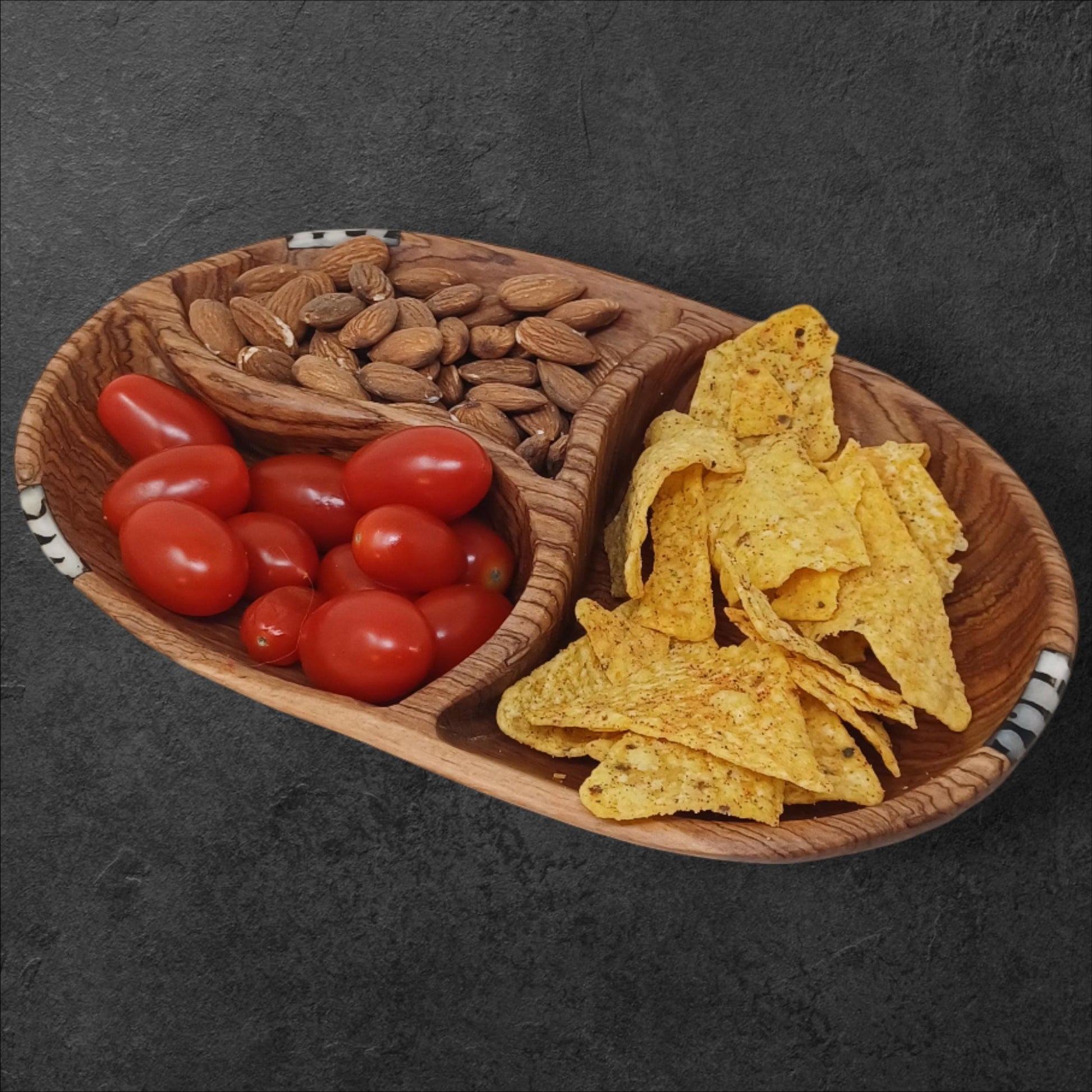 Hand-Carved Olivewood Serving Bowl: Rustic 3-Section Appetizer Dish