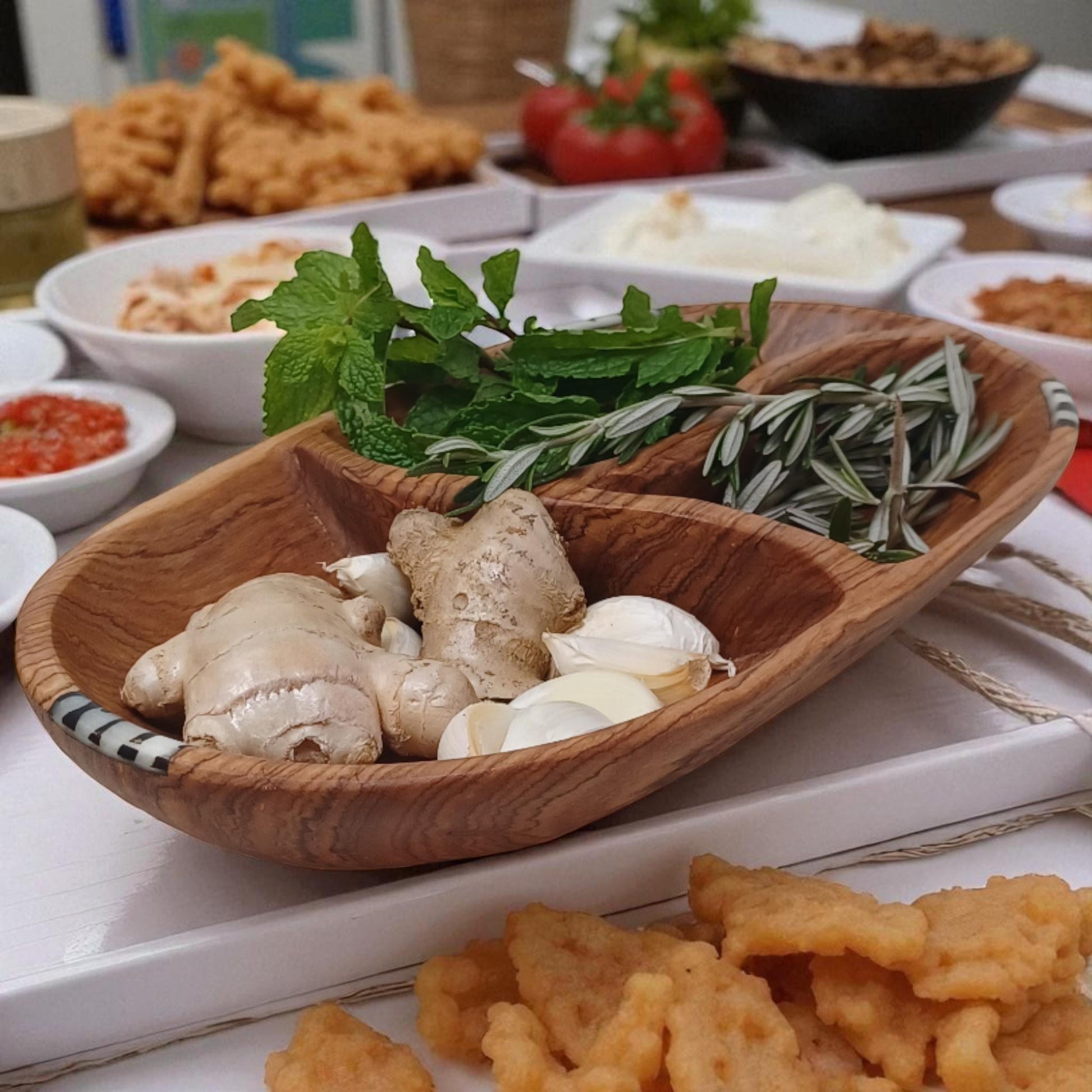 Hand-Carved Olivewood Divided Bowl: Rustic Snack & Dip Server