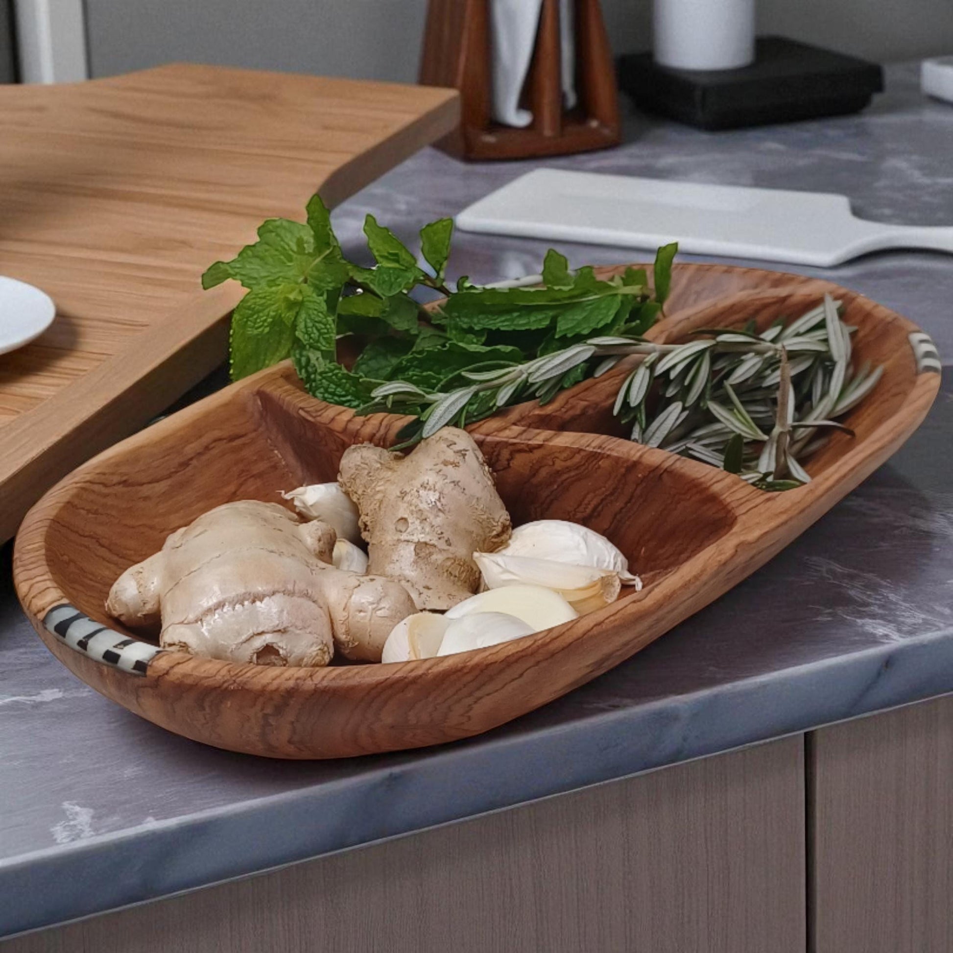 Hand-Carved Olivewood Serving Bowl: Rustic 3-Section Appetizer Dish