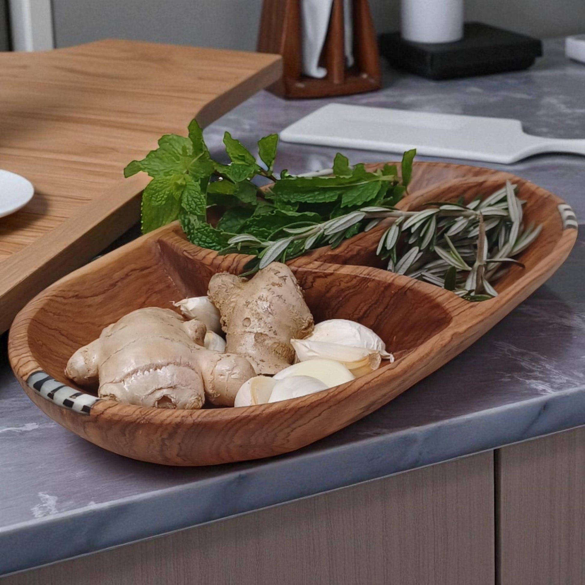 Hand-Carved Olivewood Divided Bowl: Rustic Snack & Dip Server