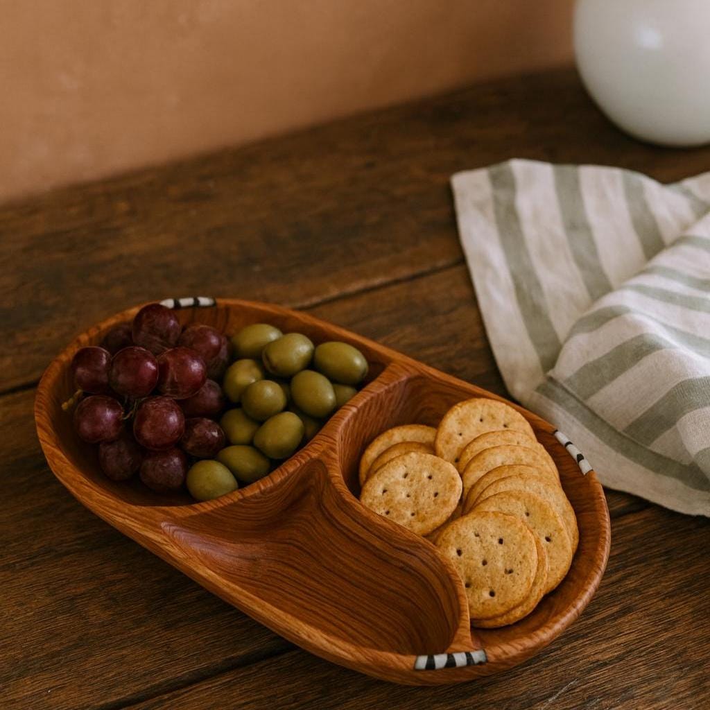 Hand-Carved Olivewood Serving Bowl: Rustic 3-Section Appetizer Dish