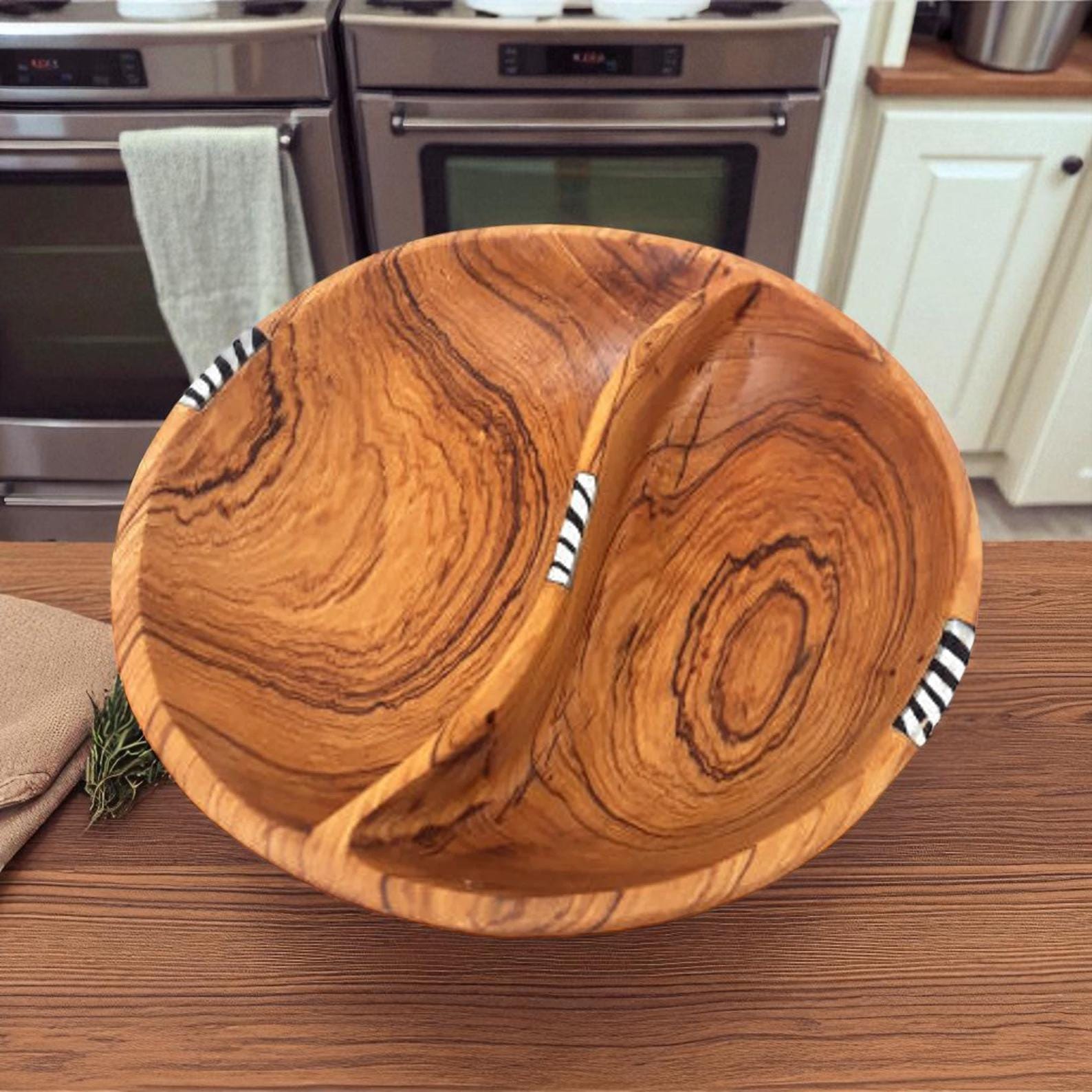 Hand-Carved Olive Wood Divided Bowl: Sustainable Snack Dish, 7"