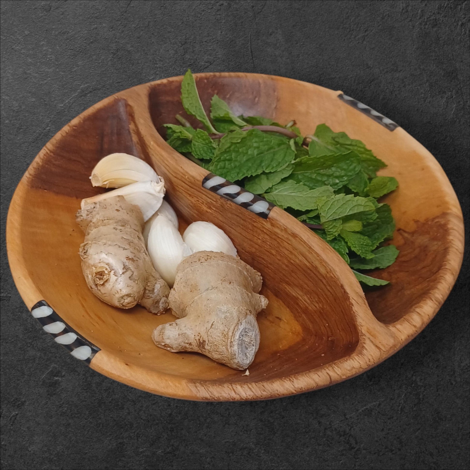 Hand-Carved Olive Wood Divided Bowl: Sustainable Snack Dish, 7"