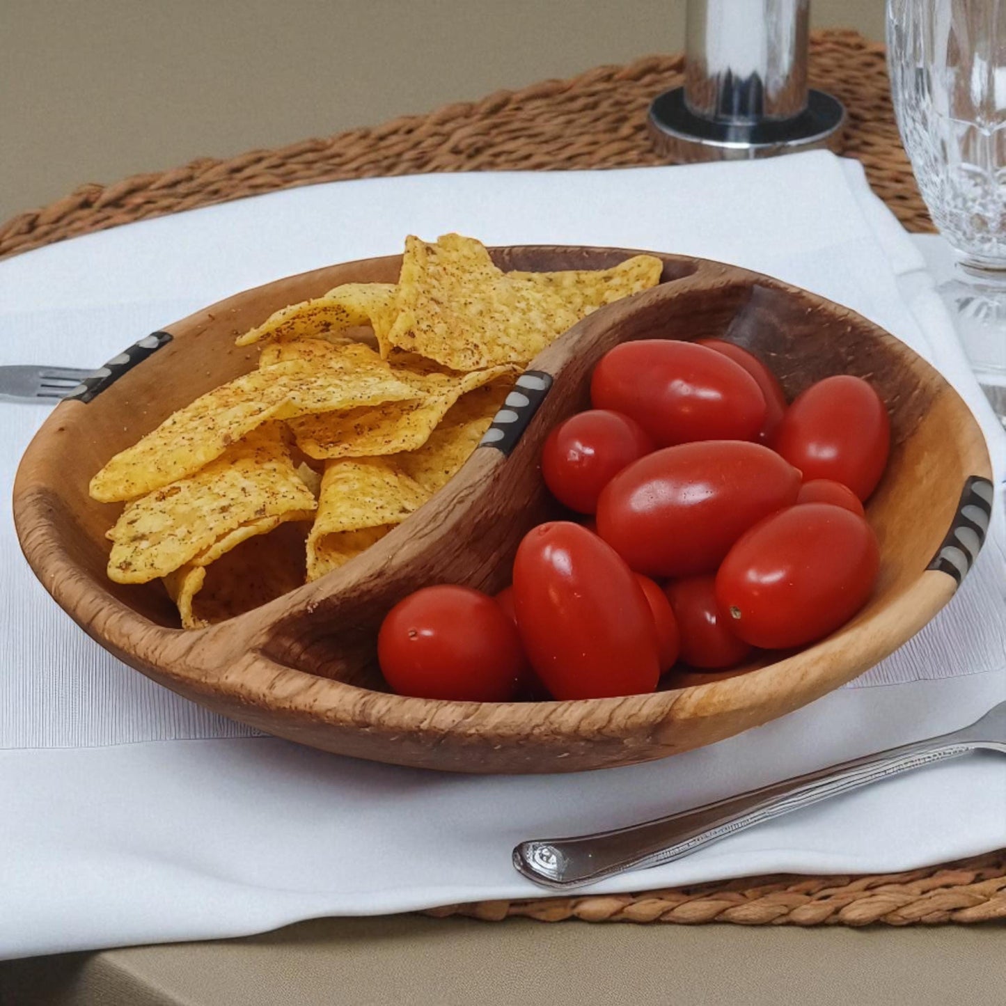 Hand-Carved Olive Wood Divided Bowl: Sustainable Snack Dish, 7"