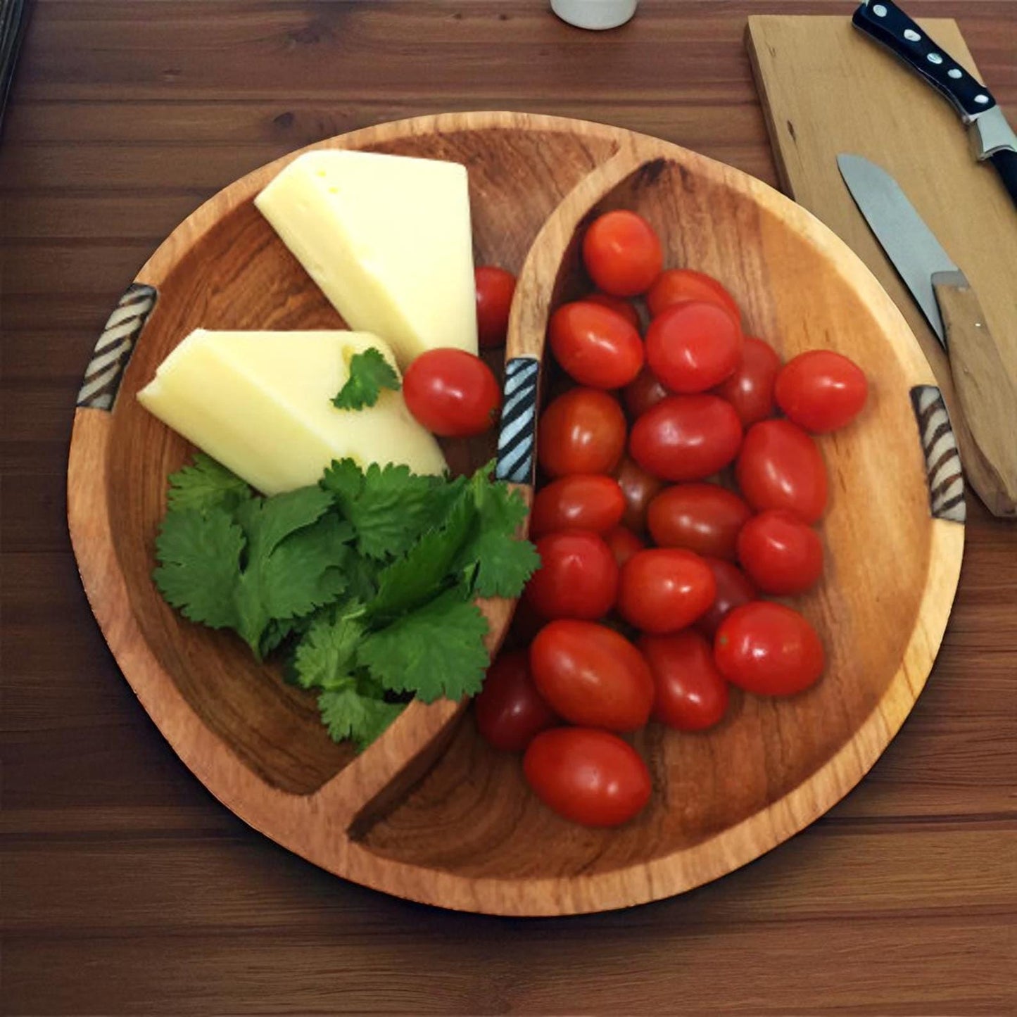 Handcrafted Olive Wood Two-Section Snack Bowl with Batik Inlay