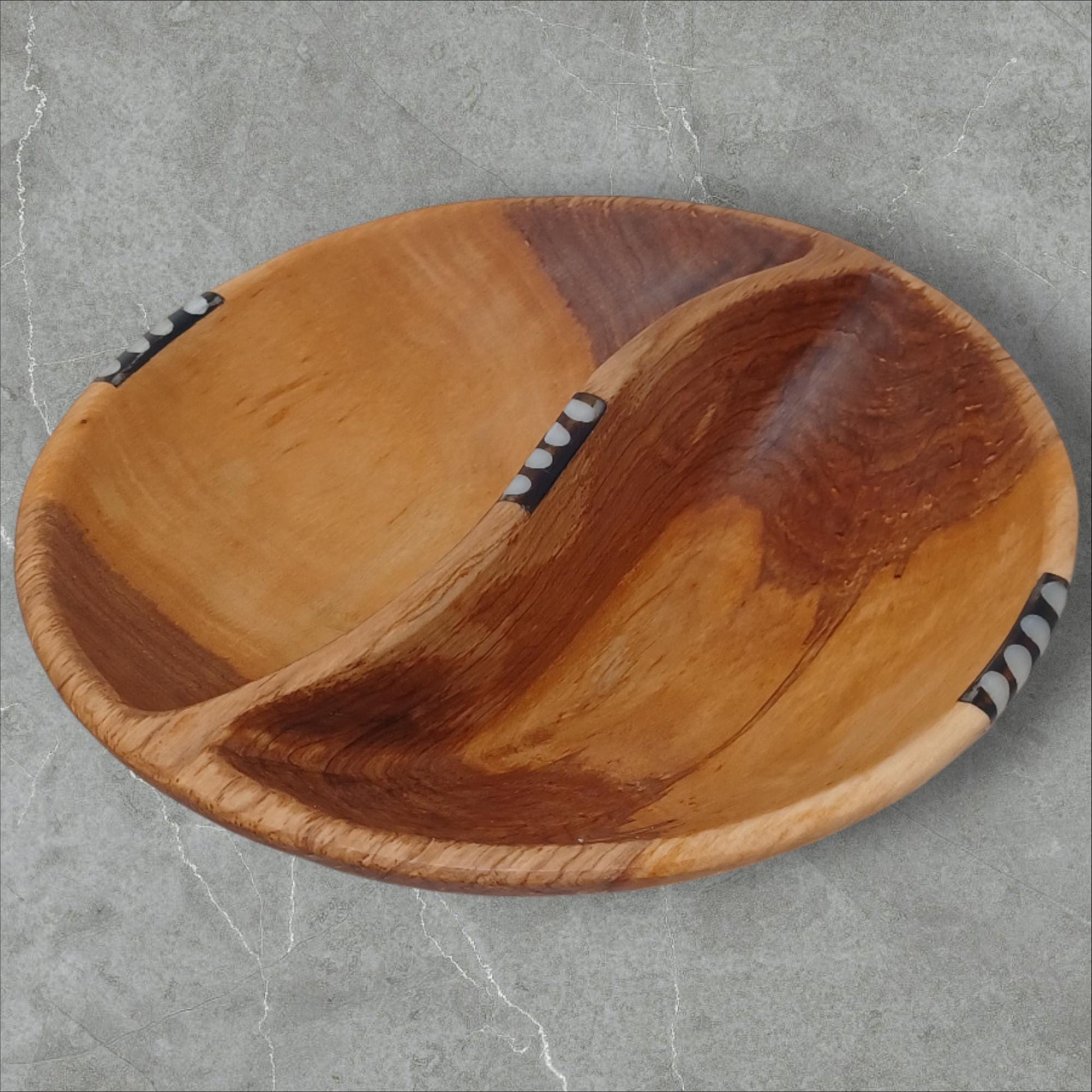Handcrafted Olive Wood Two-Section Snack Bowl with Batik Inlay