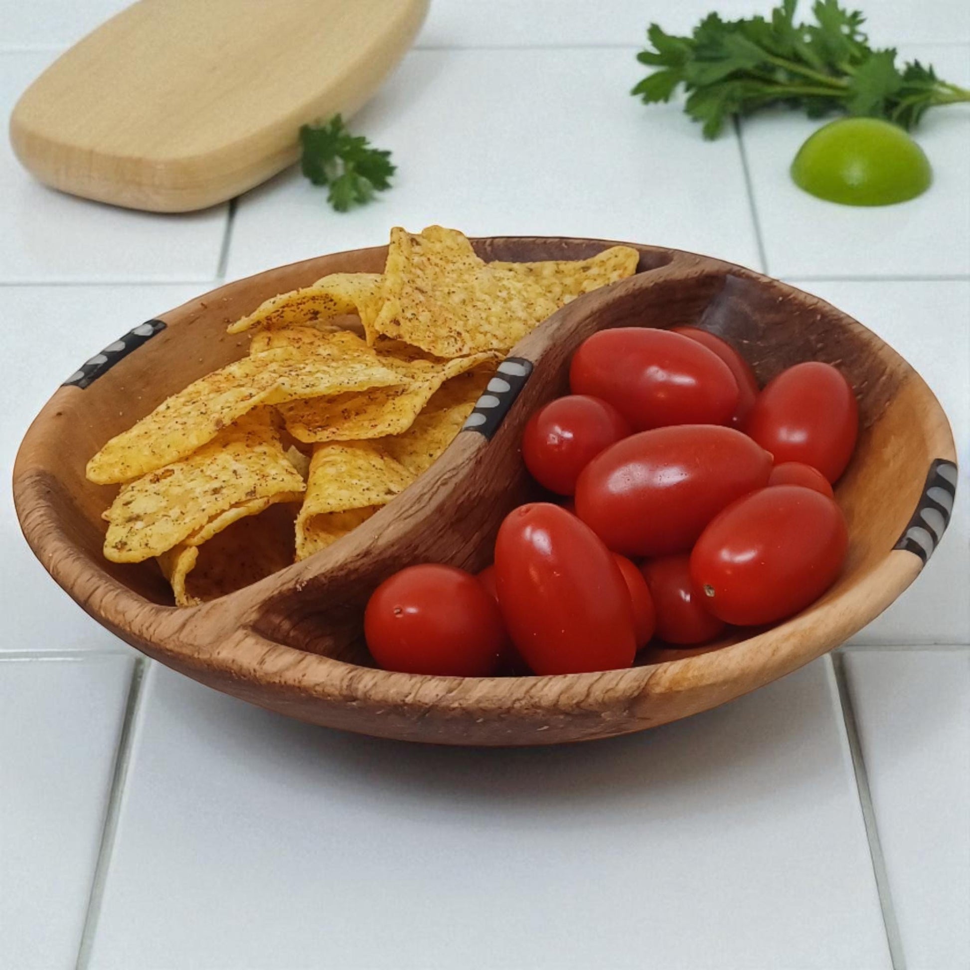 Handcrafted Olive Wood Two-Section Snack Bowl with Batik Inlay