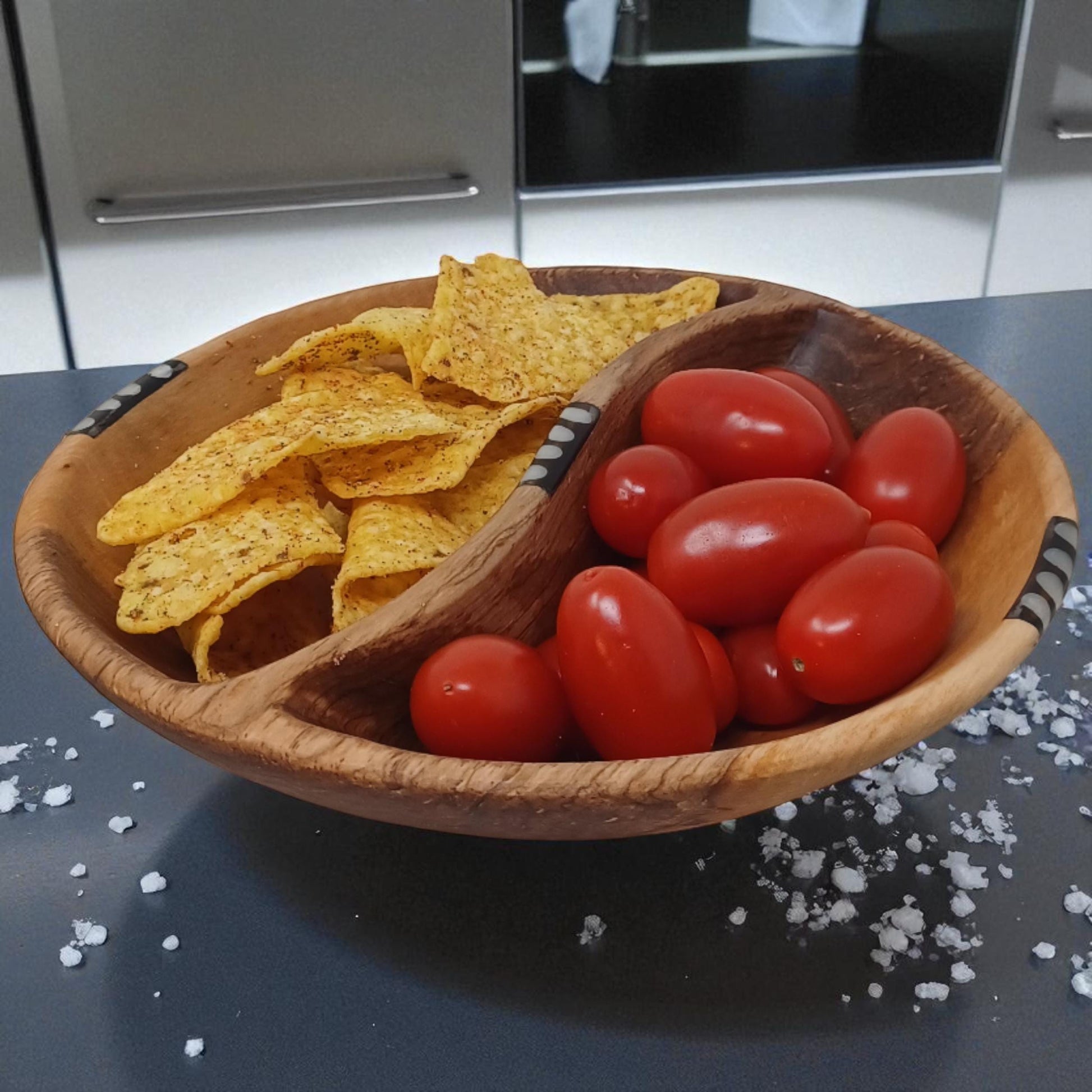 Handcrafted Olive Wood Two-Section Snack Bowl with Batik Inlay