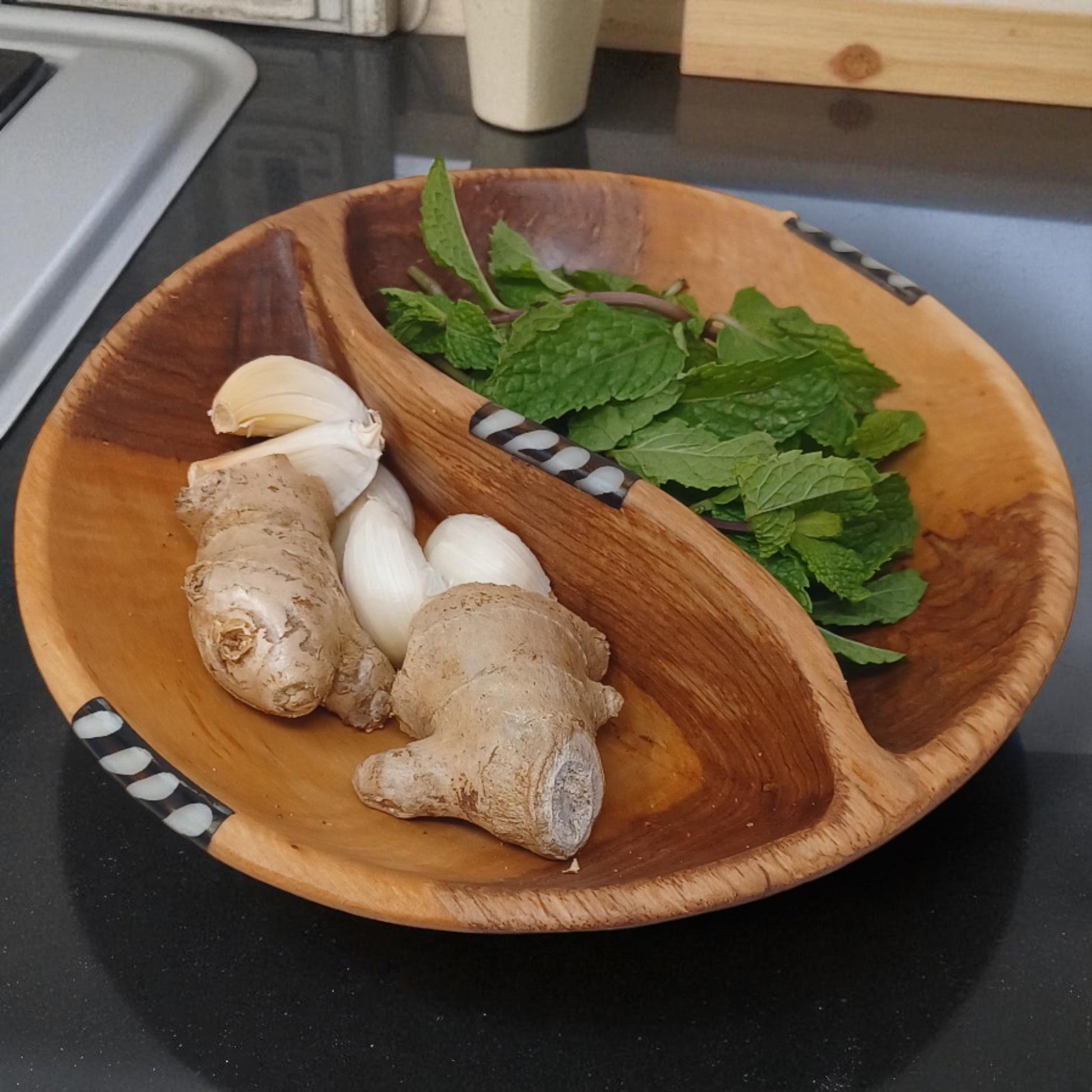 Handcrafted Olive Wood Two-Section Snack Bowl with Batik Inlay