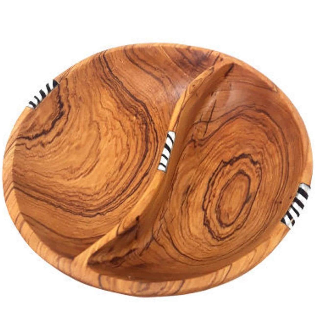 Handcrafted Olive Wood Two-Section Snack Bowl with Batik Inlay