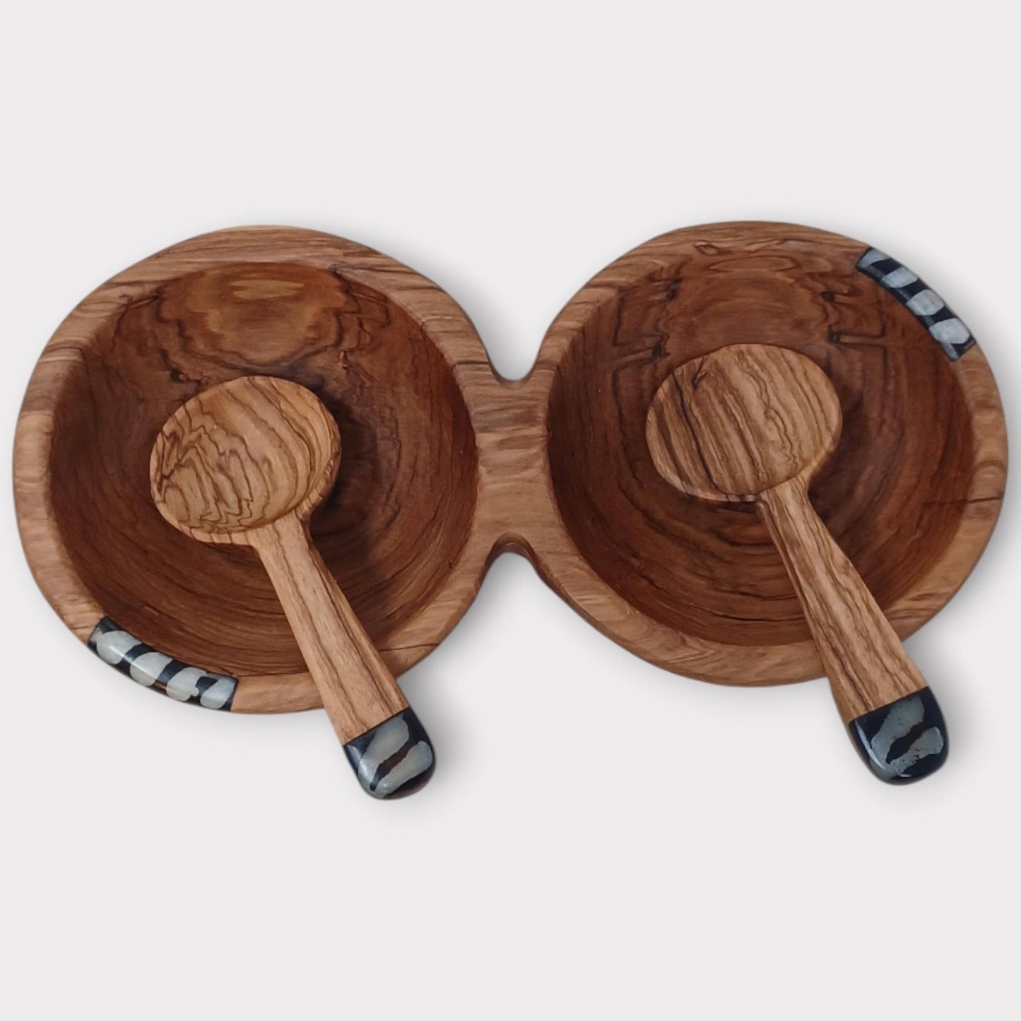 Handmade Olivewood Double Snack Bowl with Spoons: Rustic Condiment Dish