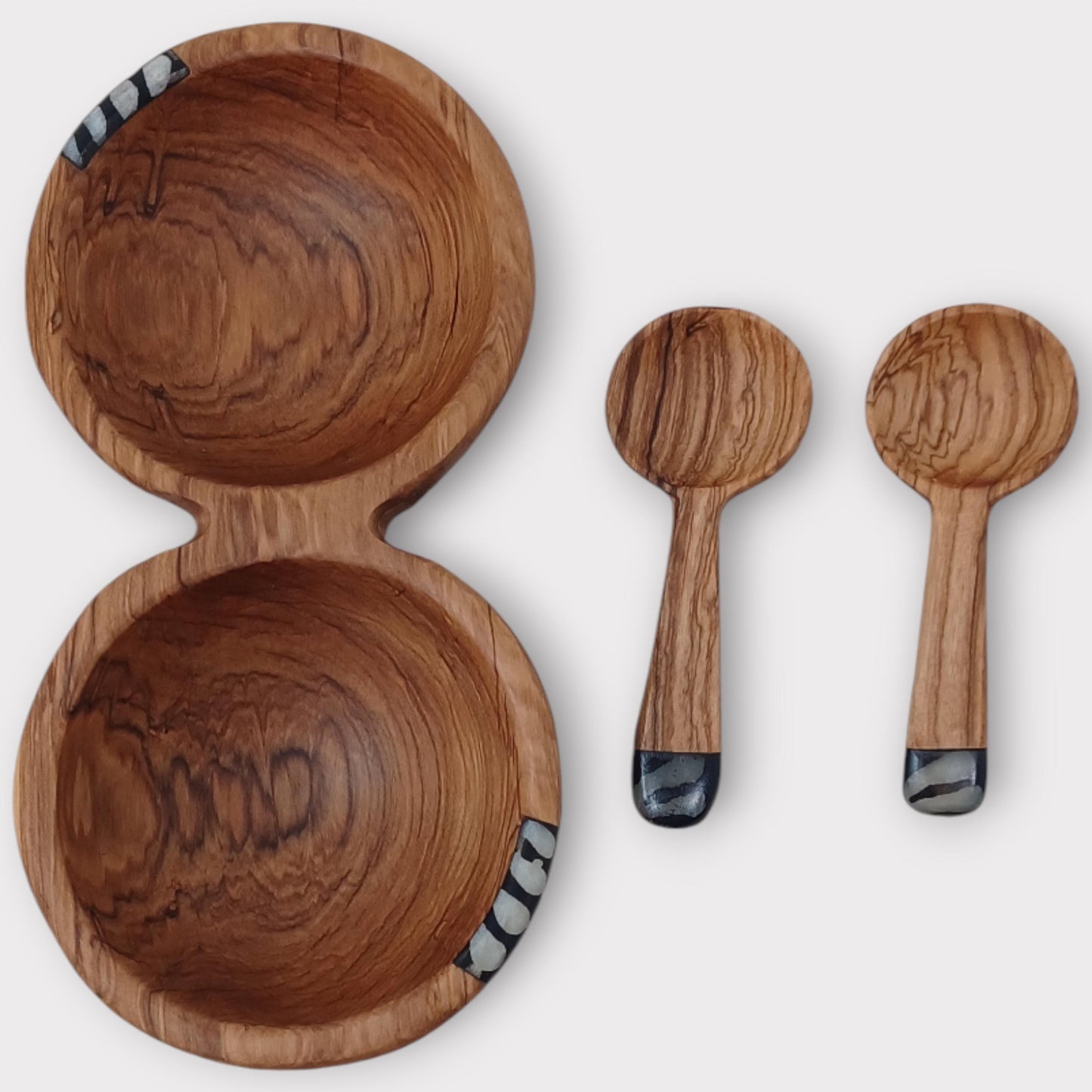 Handmade Olivewood Double Snack Bowl with Spoons: Rustic Condiment Dish