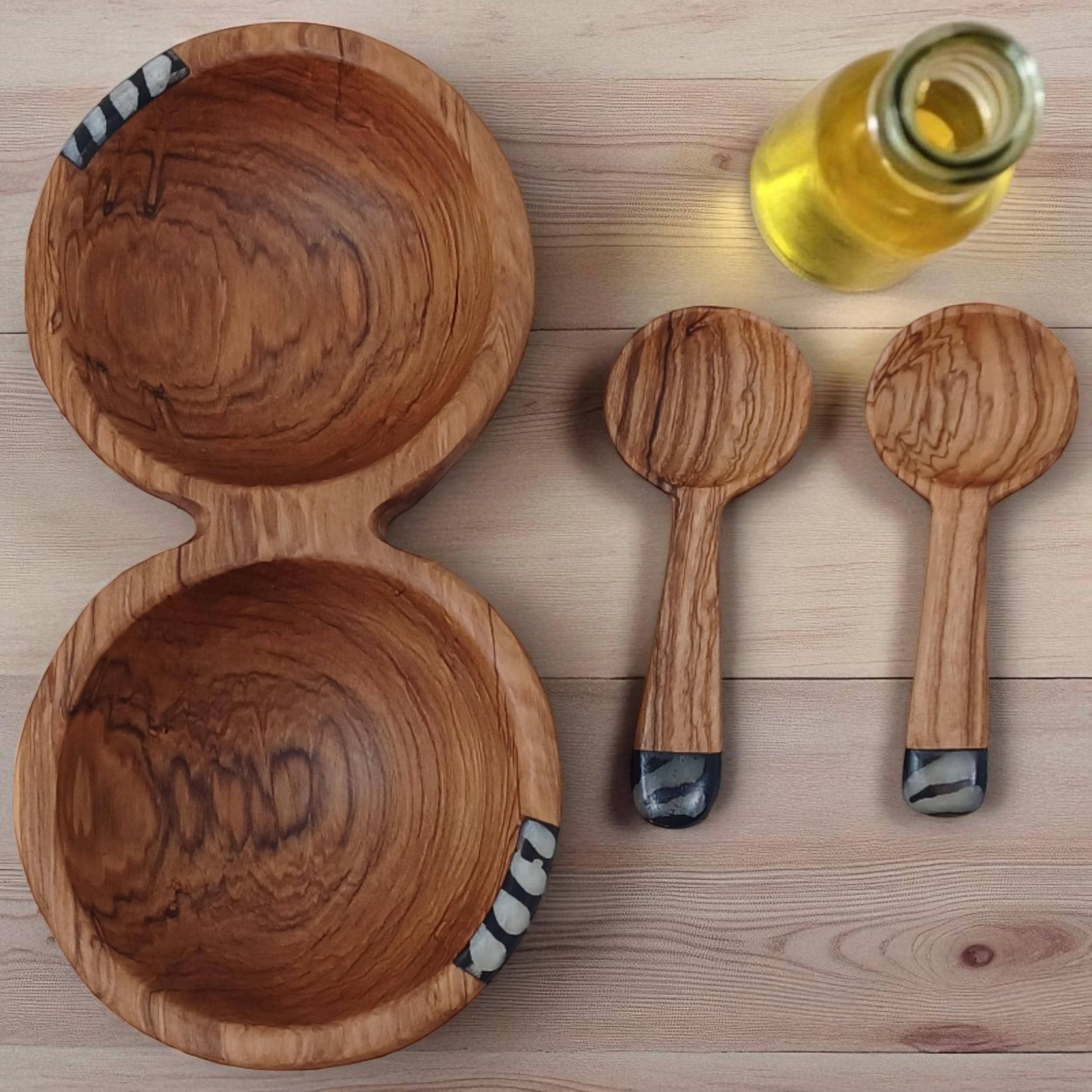 Handmade Olivewood Double Snack Bowl with Spoons: Rustic Condiment Dish