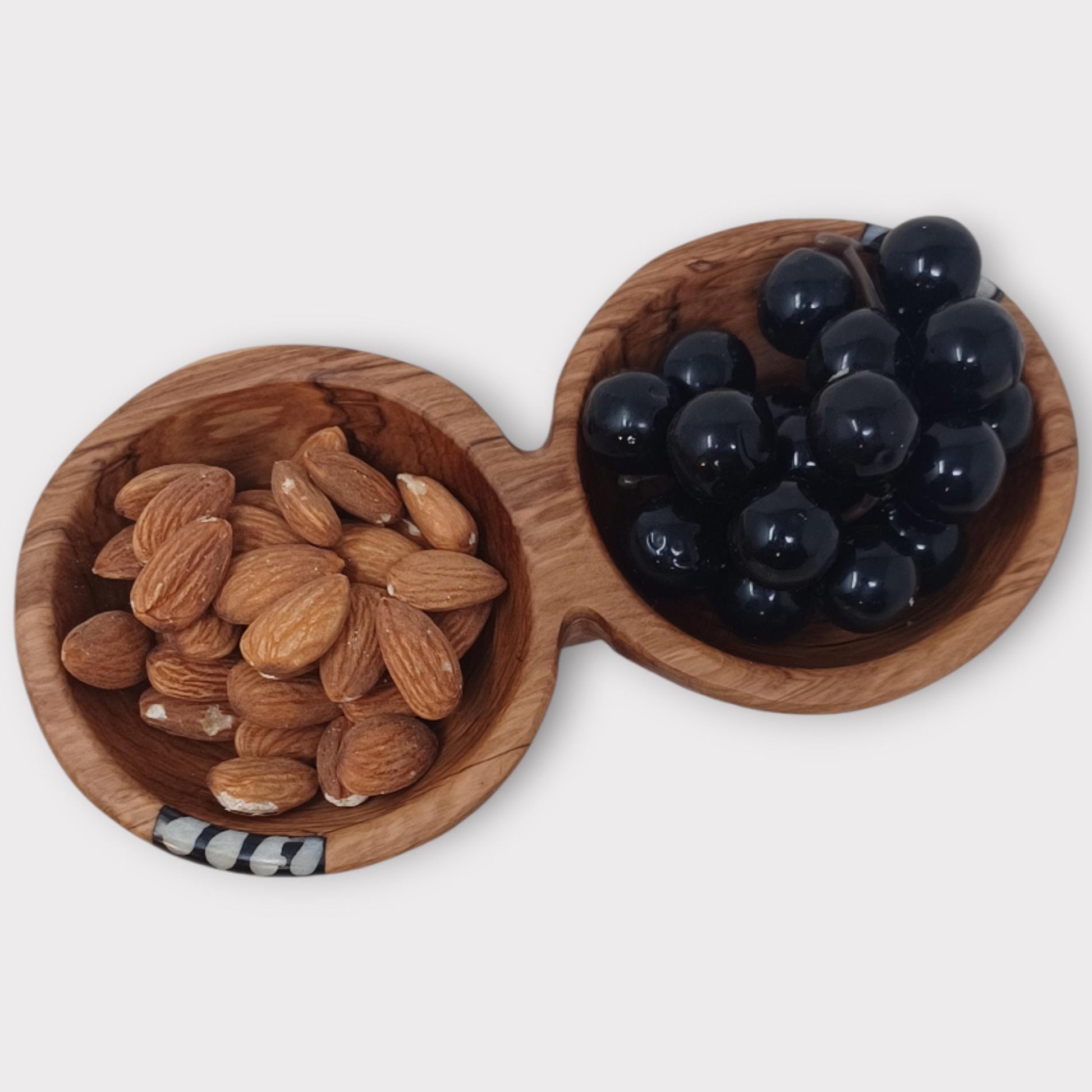 Handmade Olivewood Double Snack Bowl with Spoons: Rustic Condiment Dish