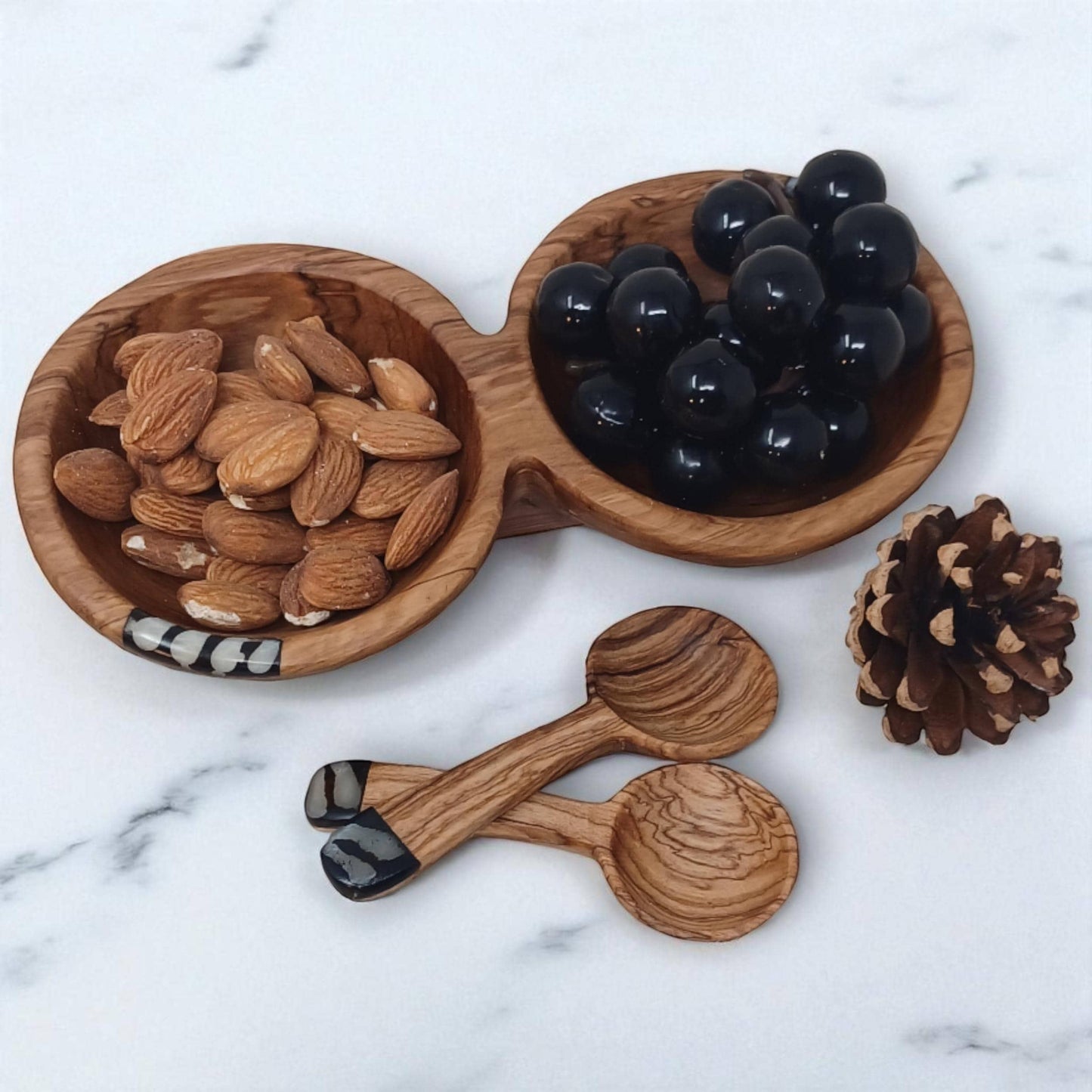 Handmade Olivewood Double Snack Bowl with Spoons: Rustic Condiment Dish