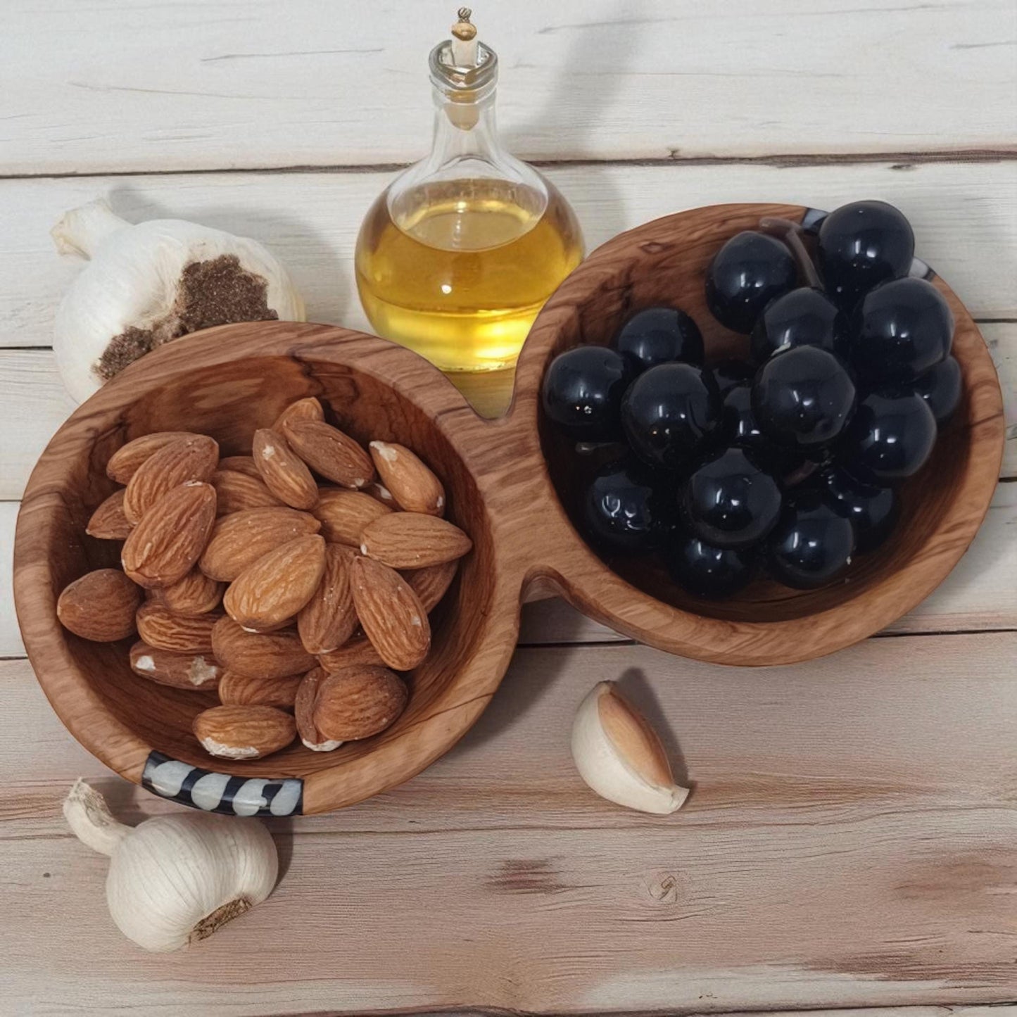 Handmade Olivewood Double Snack Bowl with Spoons: Rustic Condiment Dish