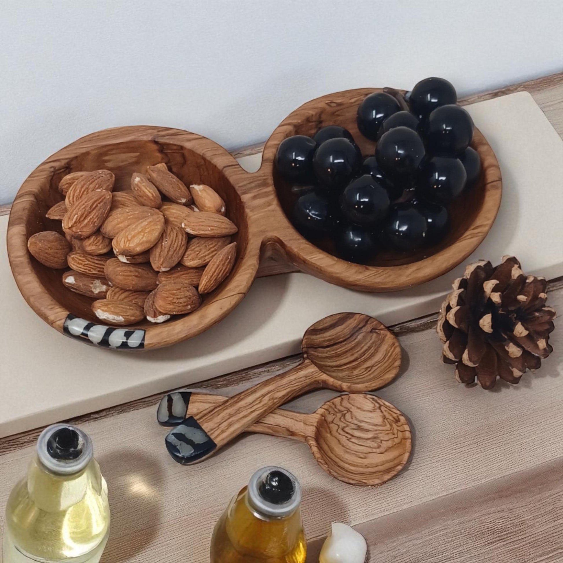 Handmade Olivewood Double Snack Bowl with Spoons: Rustic Condiment Dish