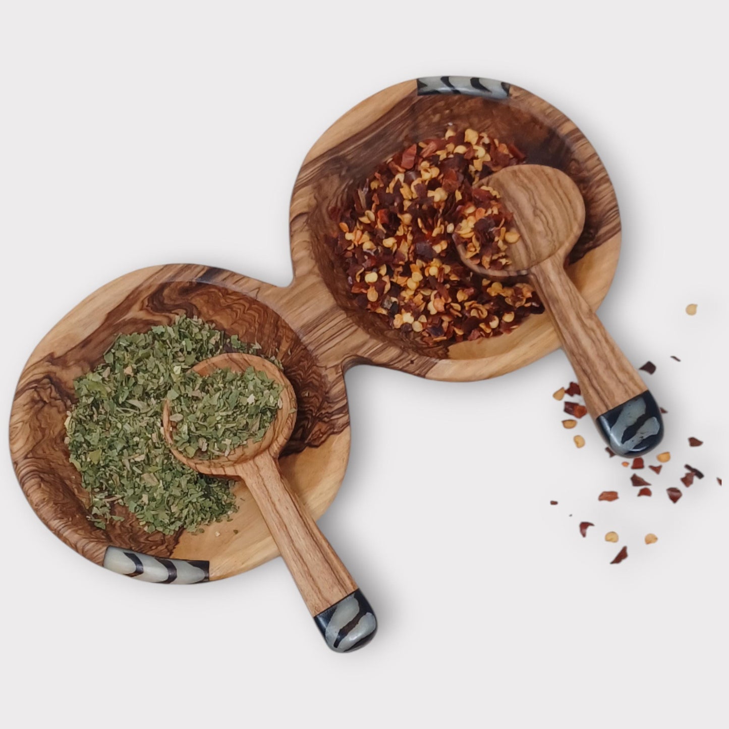 Handcrafted Olivewood Condiment Bowl Set with Scoops