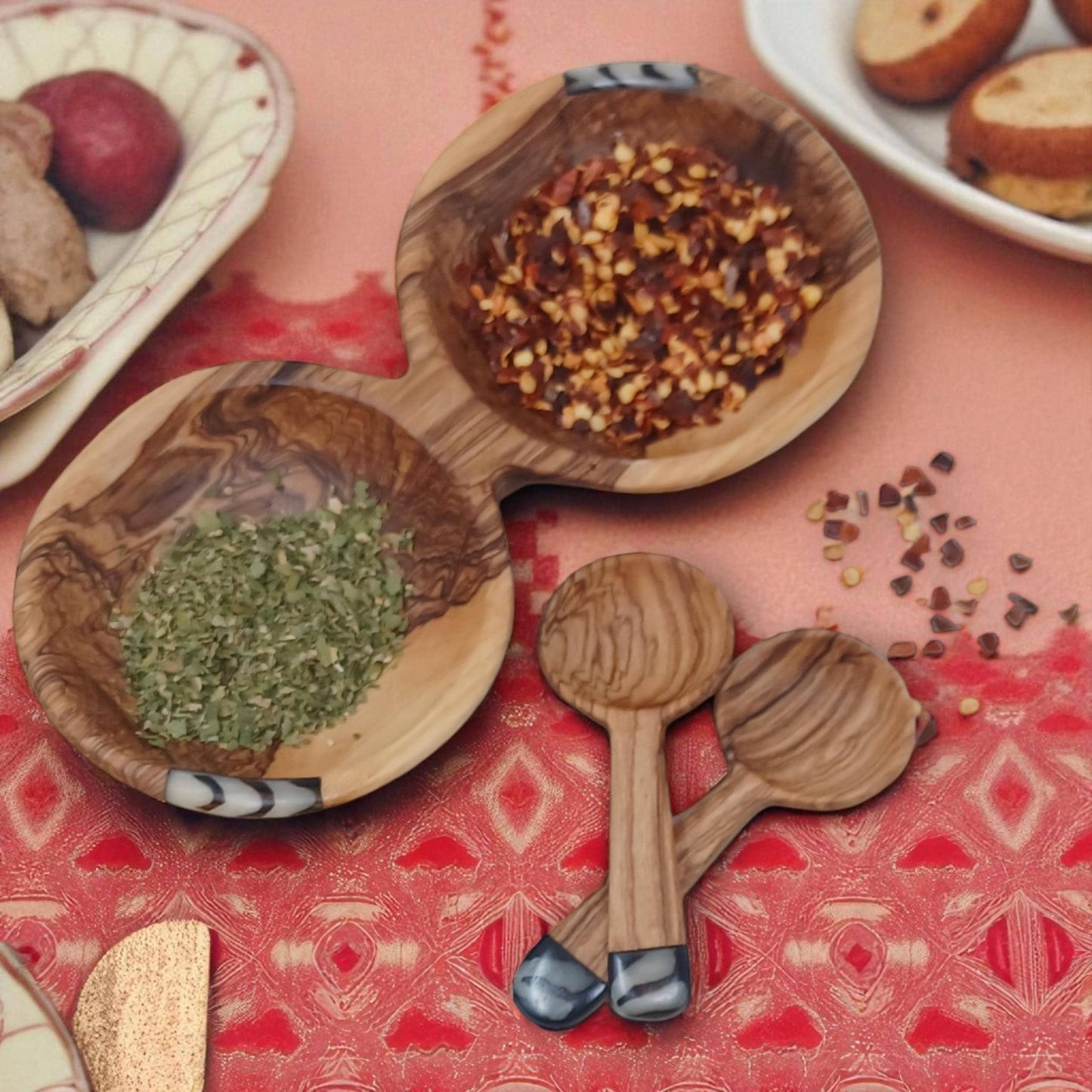 Handcrafted Olivewood Condiment Bowl Set with Scoops