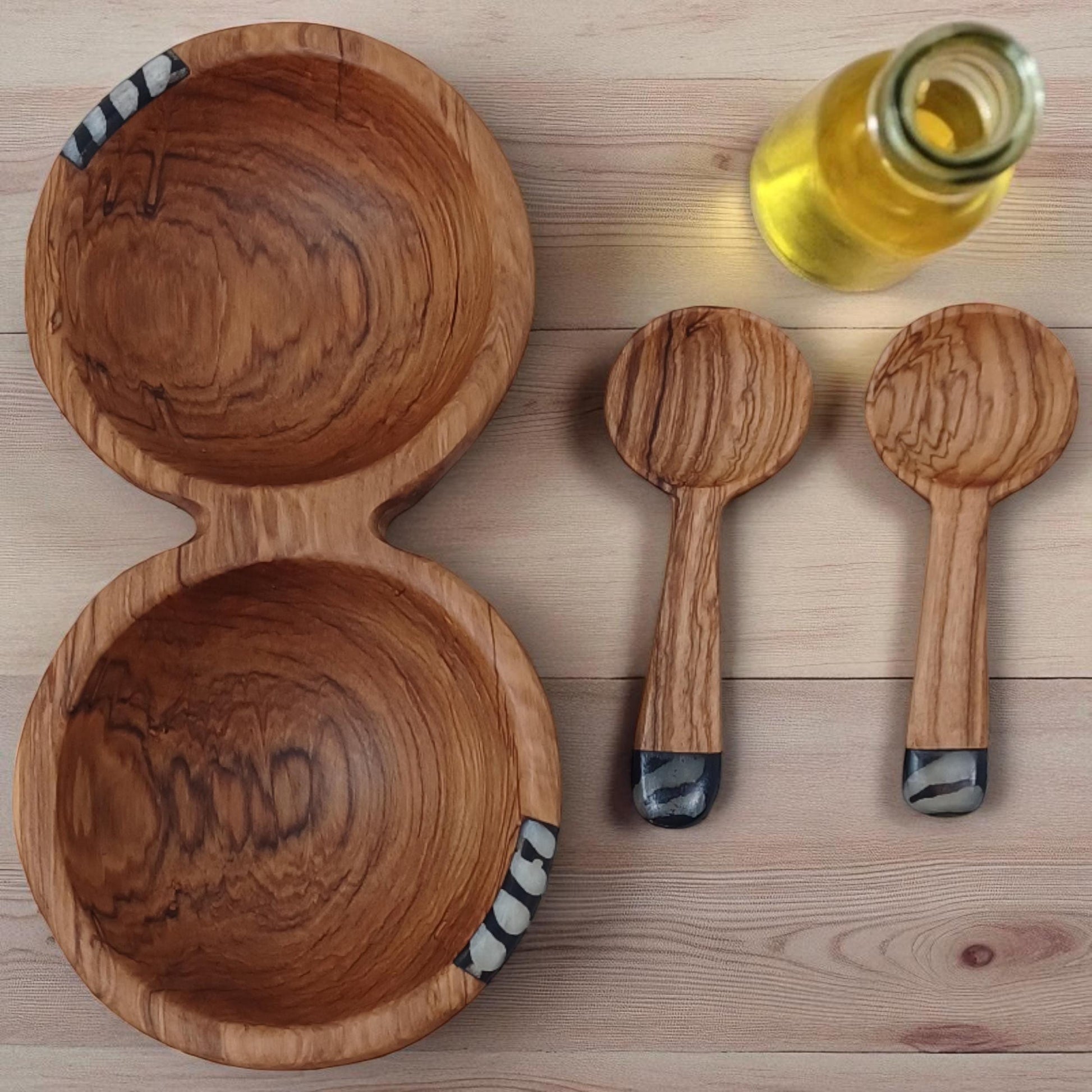 Handcrafted Olivewood Condiment Bowl Set with Scoops