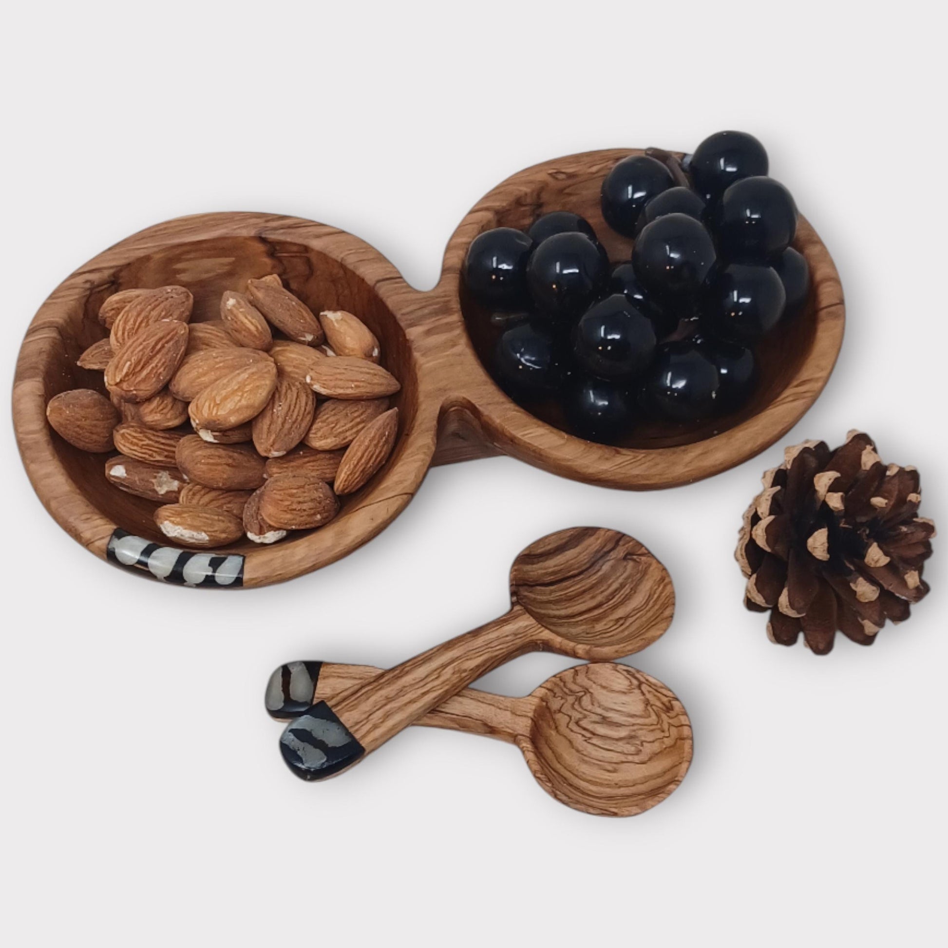 Handcrafted Olivewood Condiment Bowl Set with Scoops