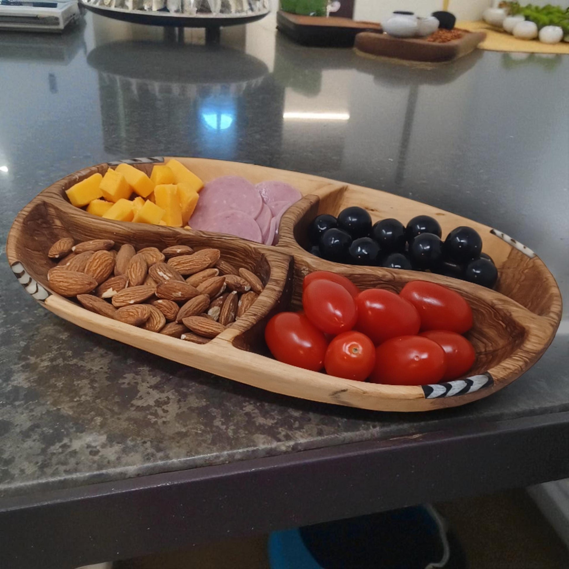 Handmade Olivewood Divided Serving Bowl: Rustic Snack Tray