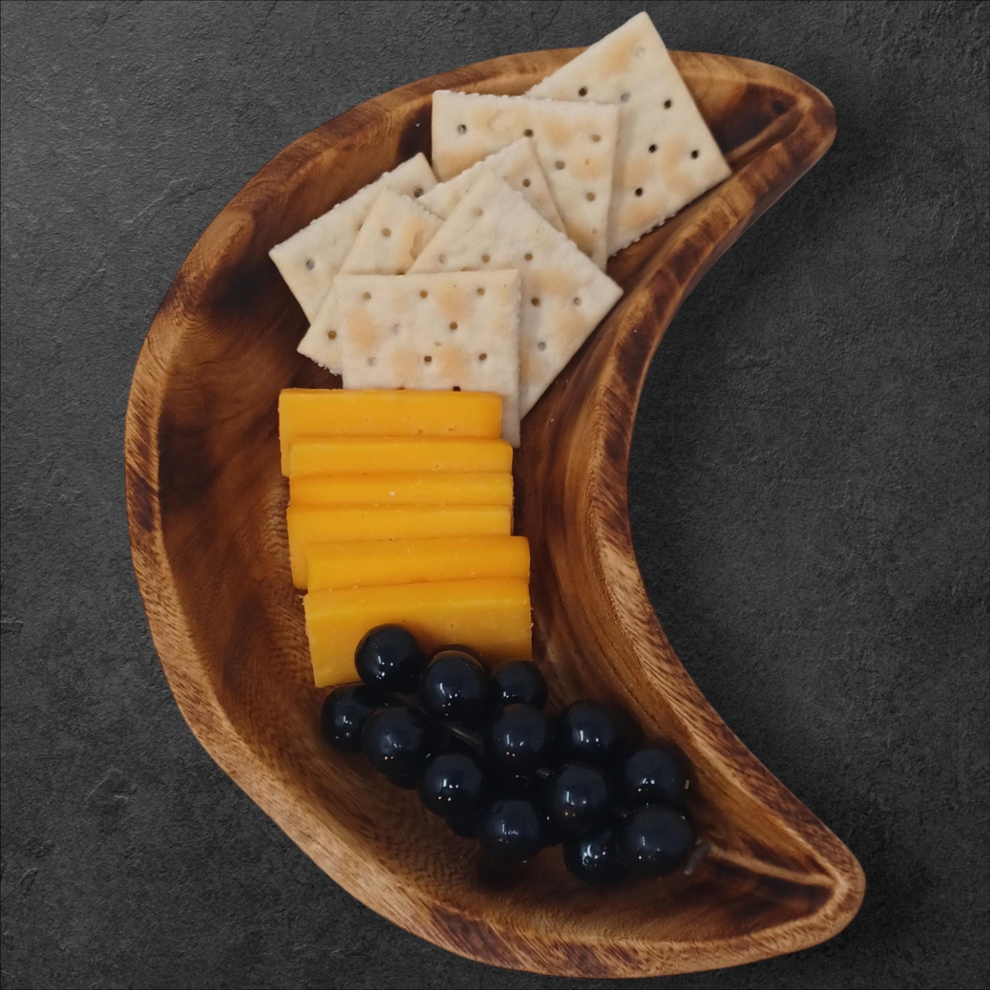 Handmade Crescent Wooden Serving Bowl: Rustic Charcuterie Dish