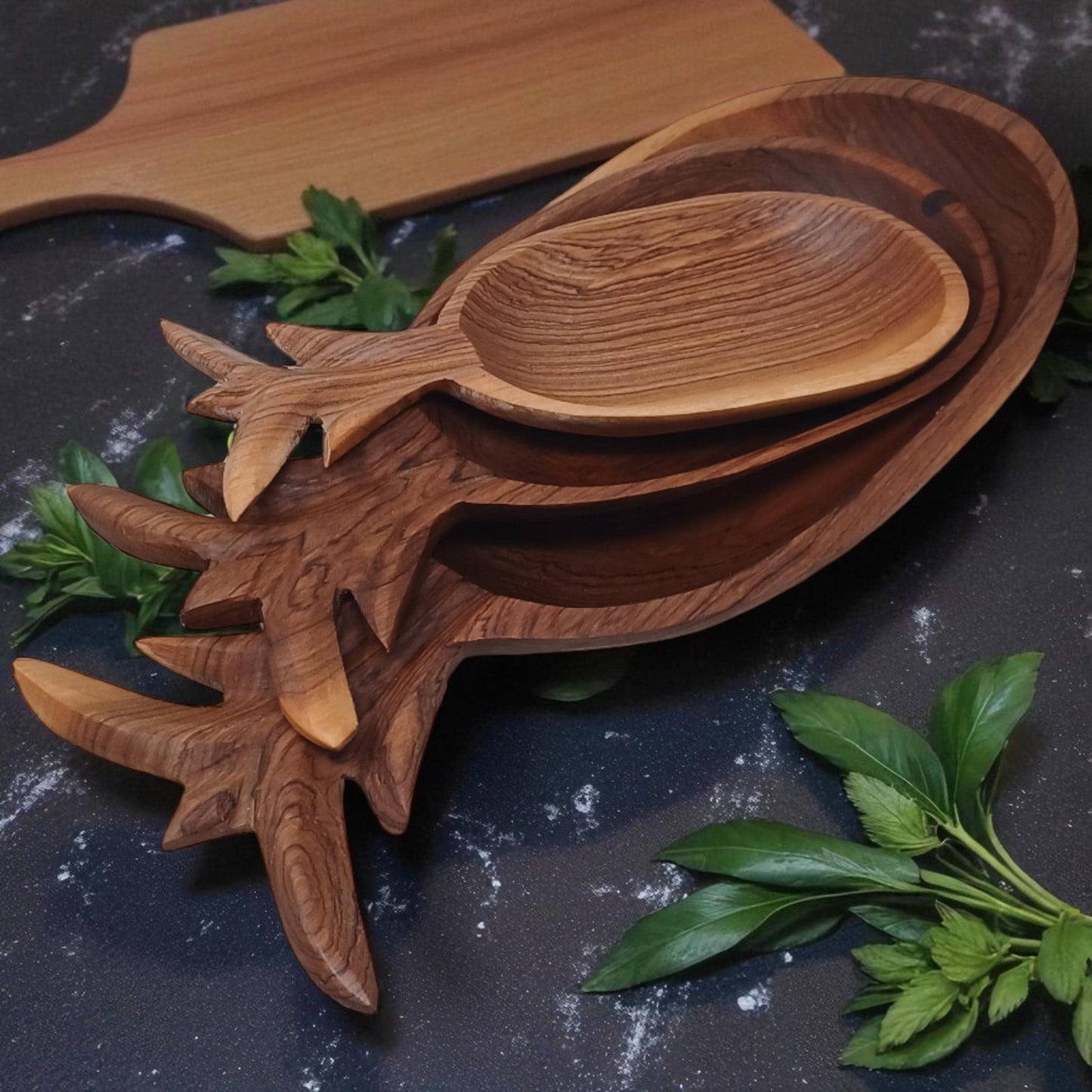 Handcrafted Olivewood Pineapple Bowls: Set of 3, Natural Wood Decor