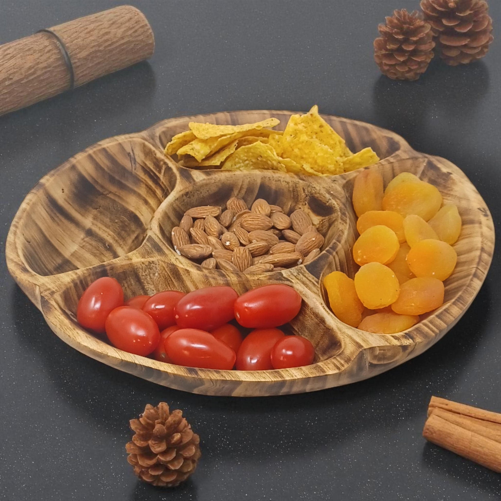 Handcrafted Olivewood 4-Section Round Serving Bowl | Rustic Snack Tray, Appetizer Platter, Holiday Entertaining Gift