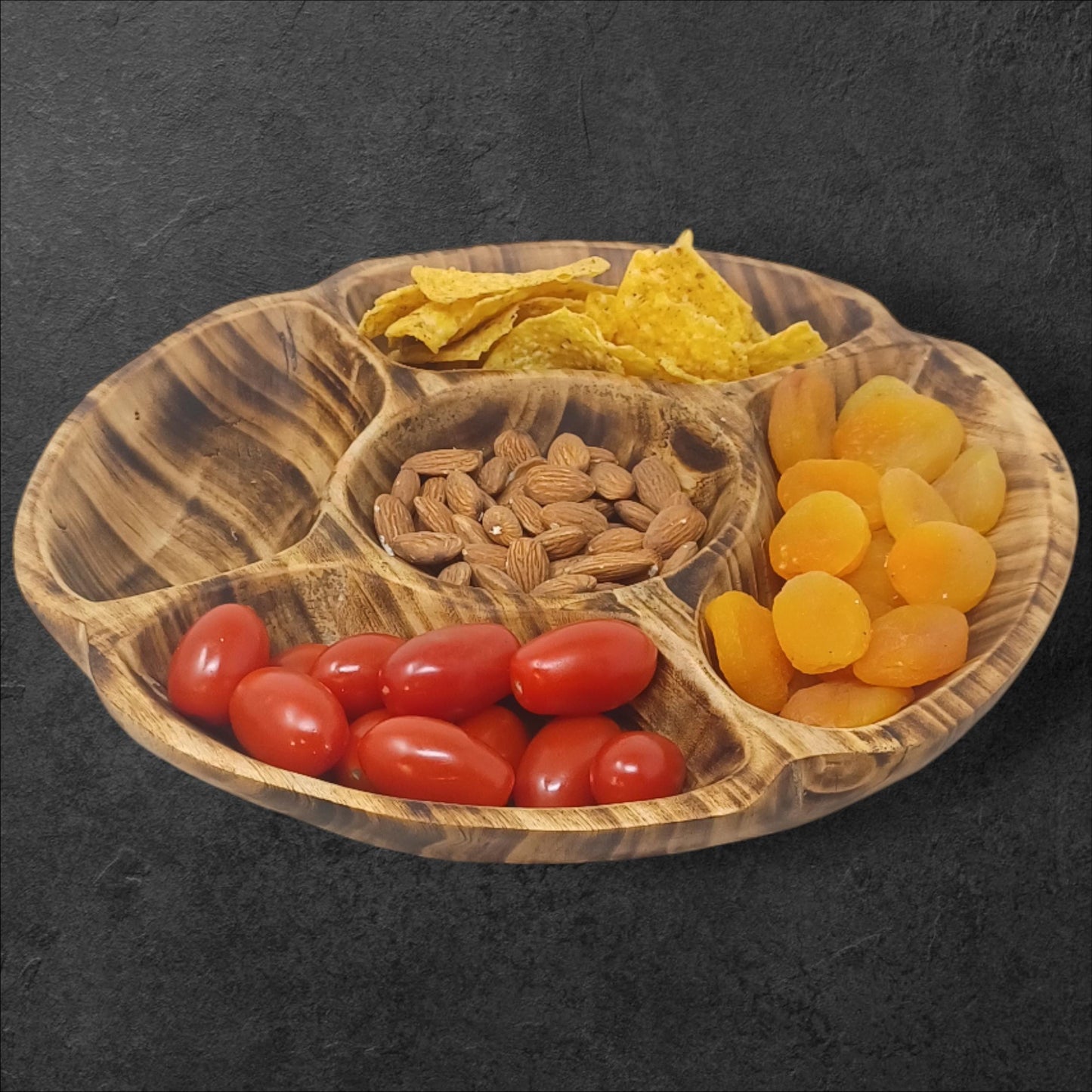 Handcrafted Olivewood 4-Section Round Serving Bowl | Rustic Snack Tray, Appetizer Platter, Holiday Entertaining Gift