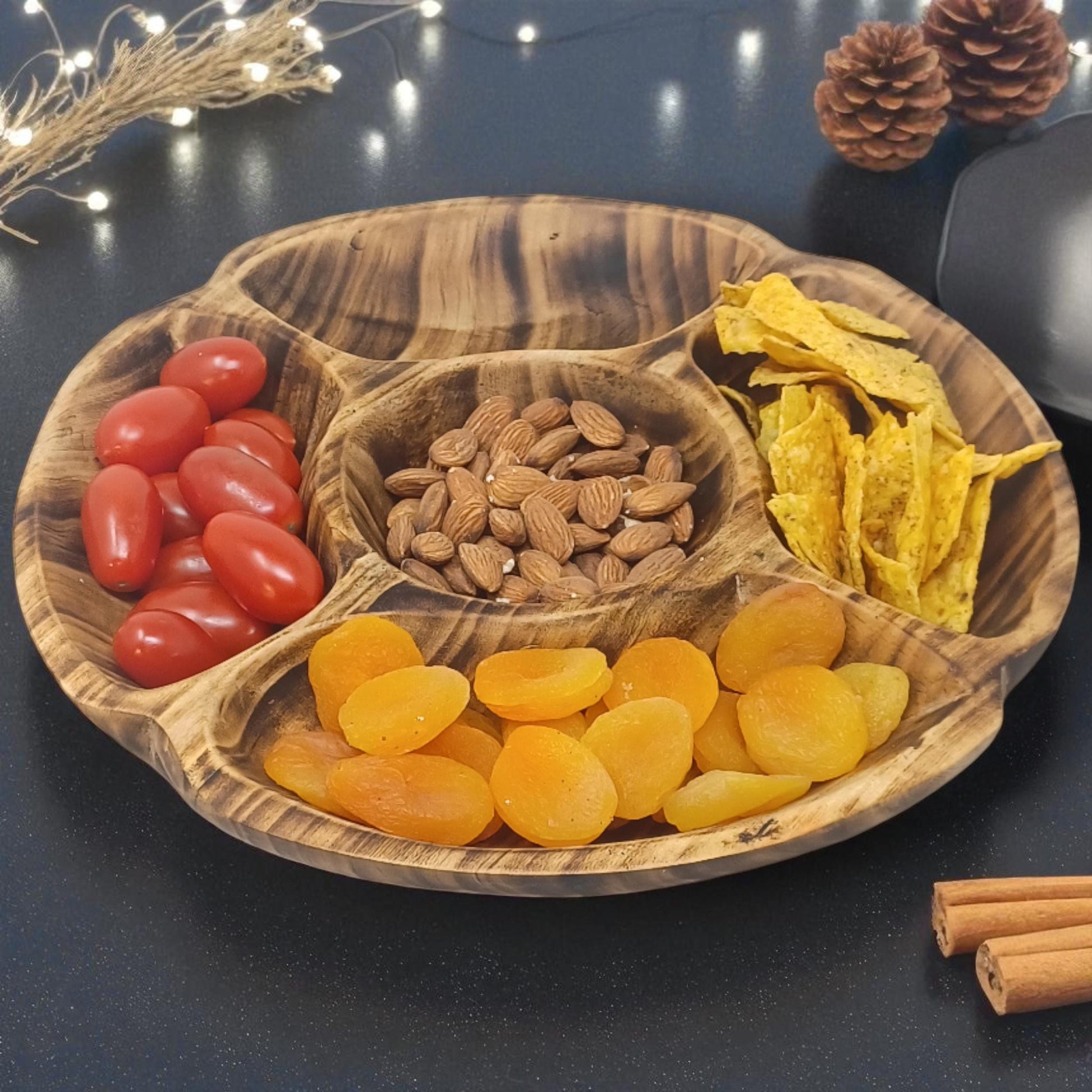 Handcrafted Olivewood 4-Section Round Serving Bowl | Rustic Snack Tray, Appetizer Platter, Holiday Entertaining Gift