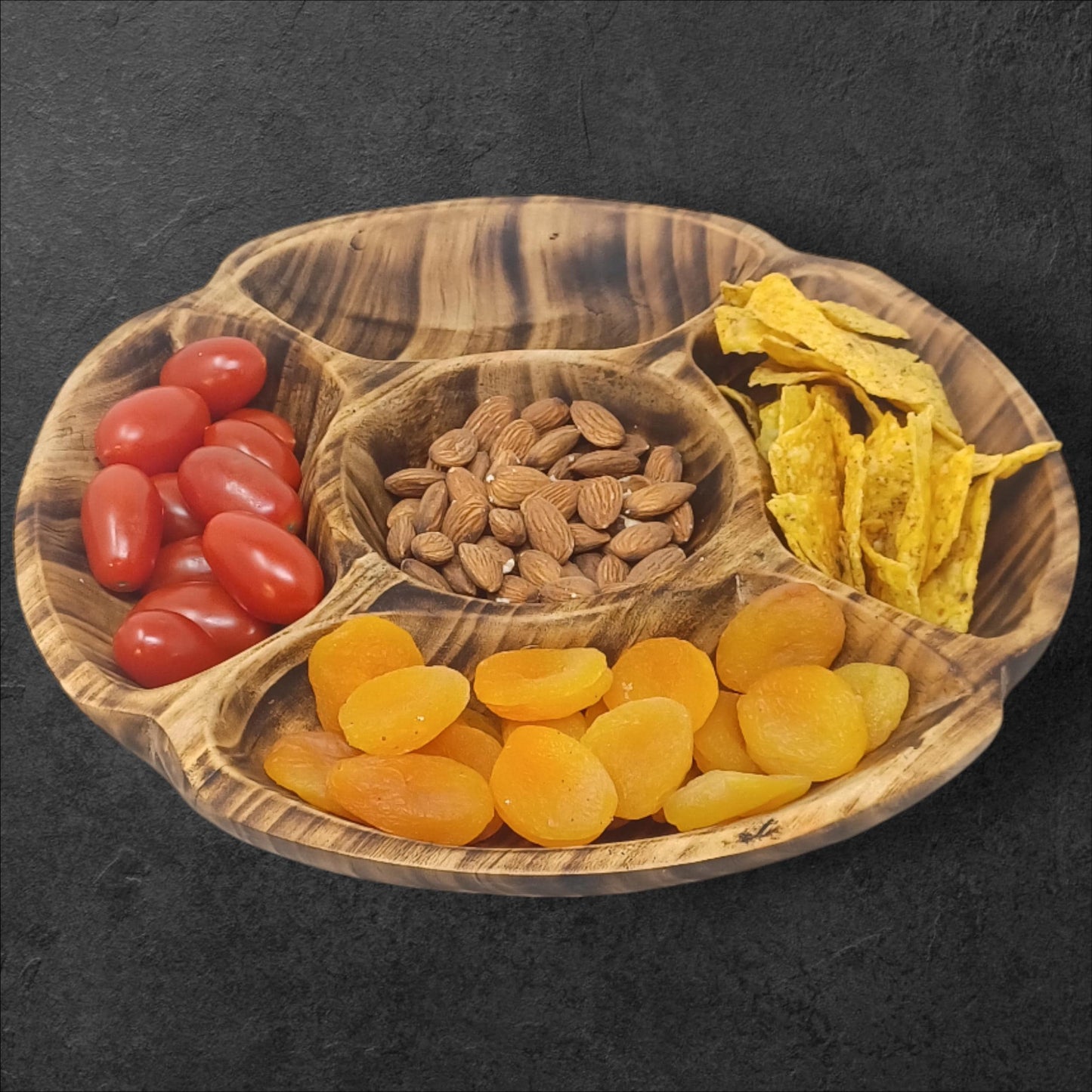 Handcrafted Olivewood 4-Section Round Serving Bowl | Rustic Snack Tray, Appetizer Platter, Holiday Entertaining Gift