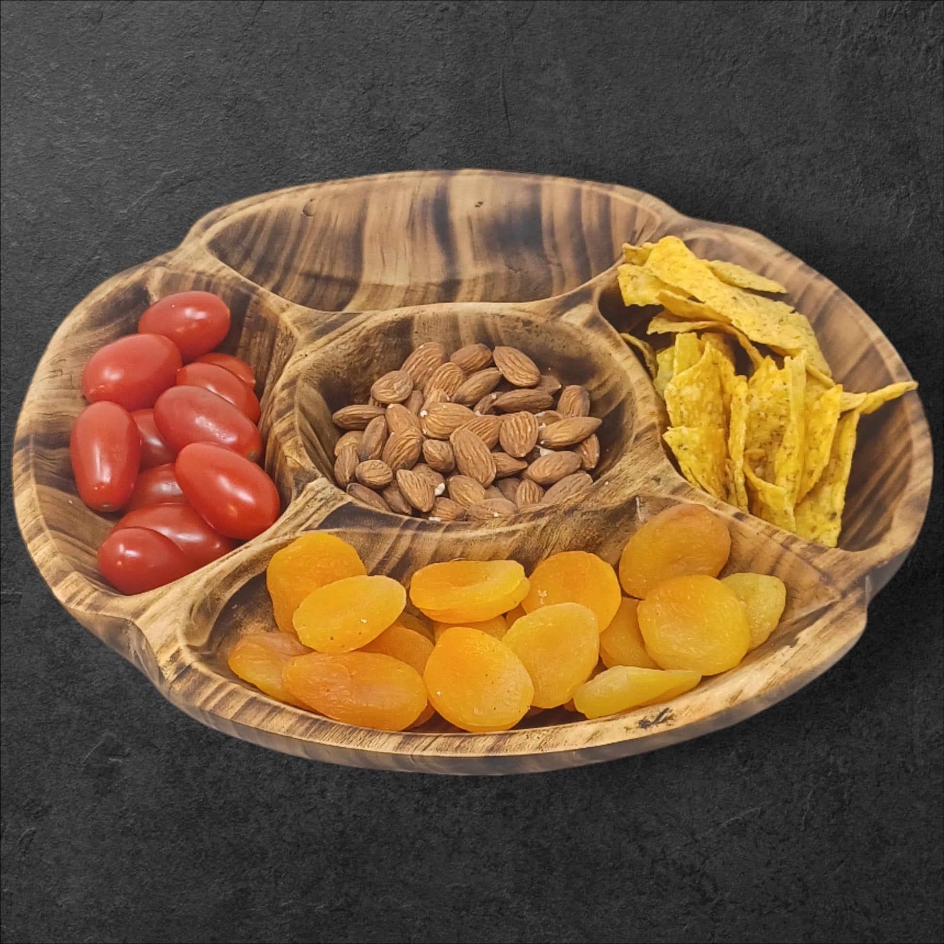 Handcrafted Olivewood 4-Section Round Serving Bowl | Rustic Snack Tray, Appetizer Platter, Holiday Entertaining Gift