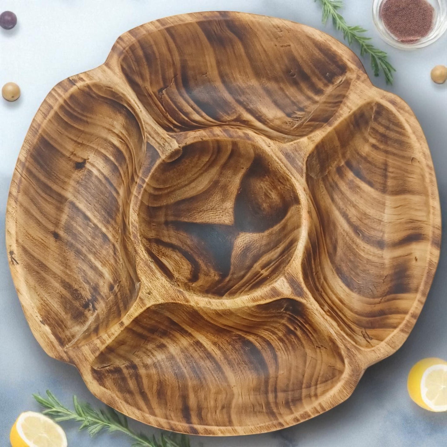 Handcrafted Olivewood 4-Section Round Serving Bowl | Rustic Snack Tray, Appetizer Platter, Holiday Entertaining Gift