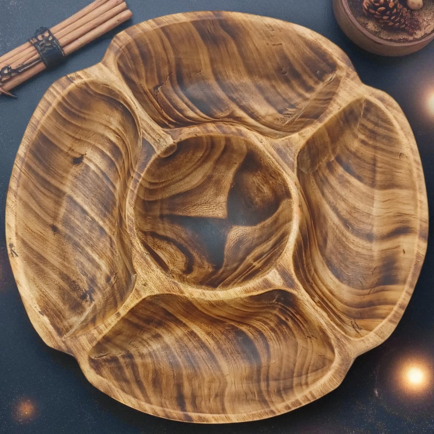 Handcrafted Olivewood 4-Section Round Serving Bowl | Rustic Snack Tray, Appetizer Platter, Holiday Entertaining Gift