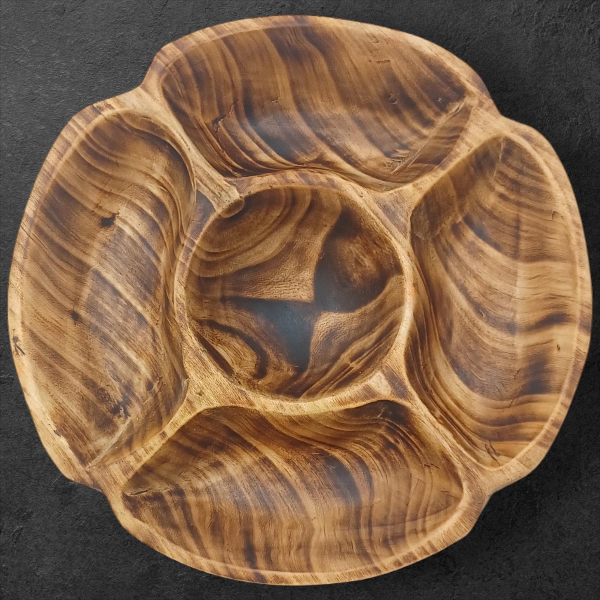 Handcrafted Olivewood 4-Section Round Serving Bowl | Rustic Snack Tray, Appetizer Platter, Holiday Entertaining Gift