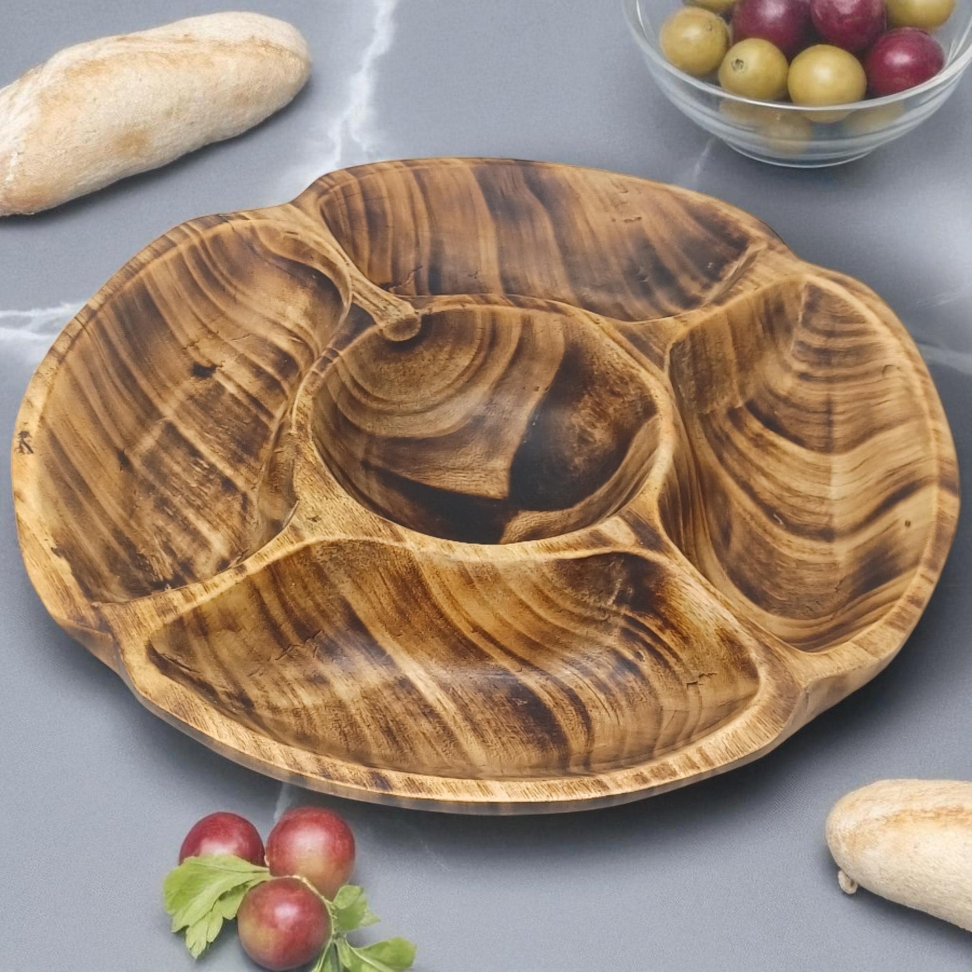 Handcrafted Olivewood 4-Section Round Serving Bowl | Rustic Snack Tray, Appetizer Platter, Holiday Entertaining Gift