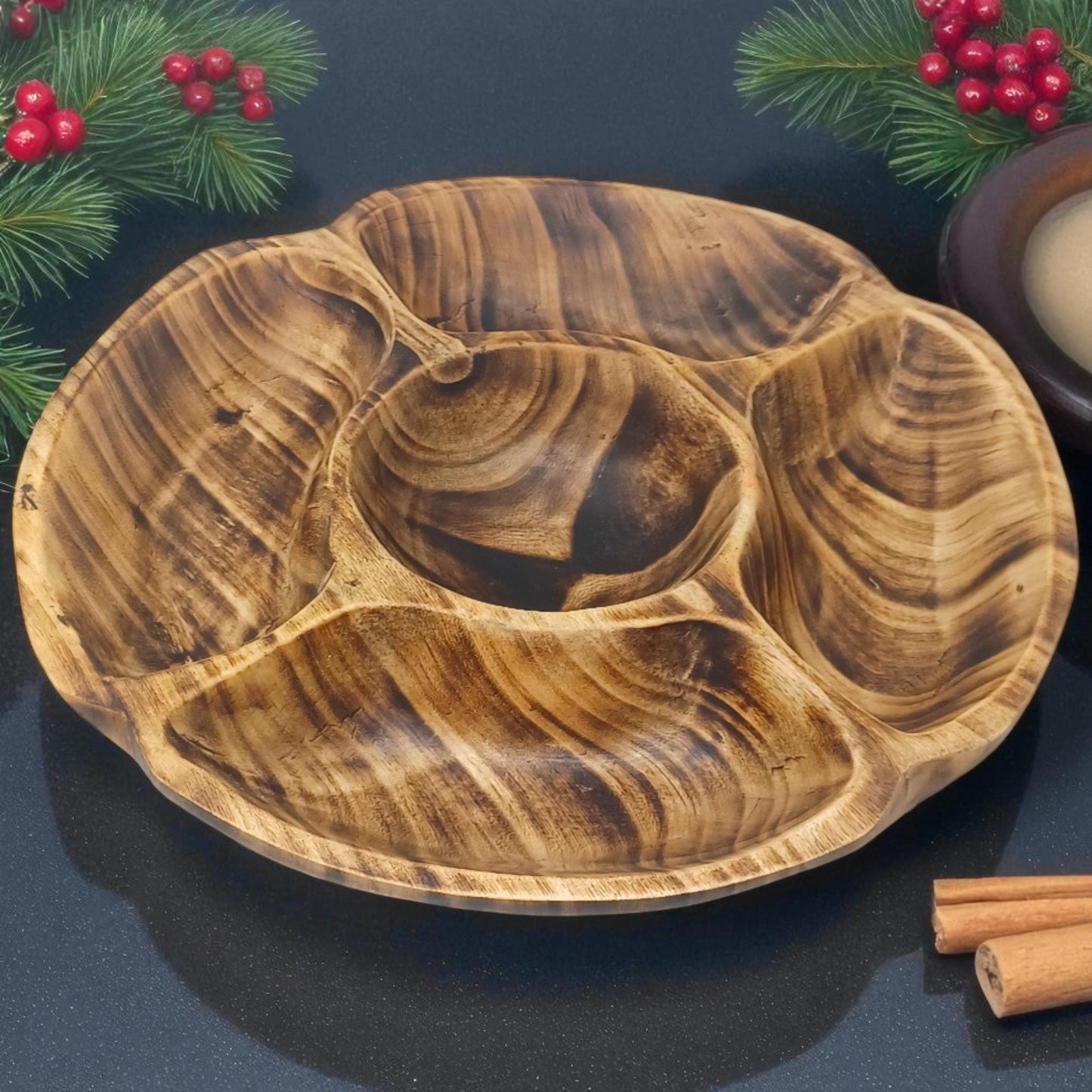 Handcrafted Olivewood 4-Section Round Serving Bowl | Rustic Snack Tray, Appetizer Platter, Holiday Entertaining Gift