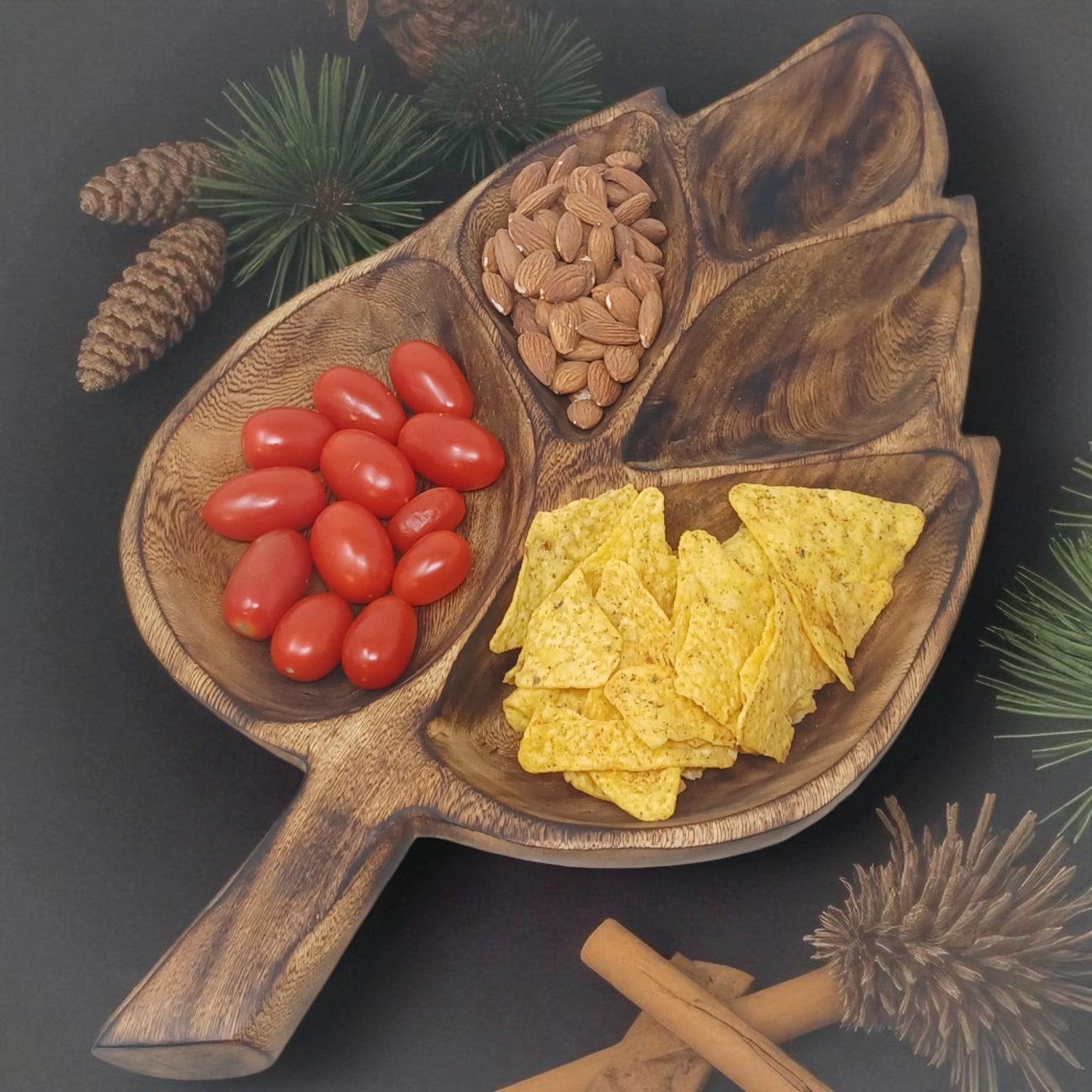 Leaf Shaped Olivewood Tray | 5-Section Handcrafted Wooden Serving Bowl, Appetizer Dish, Holiday Table Decor