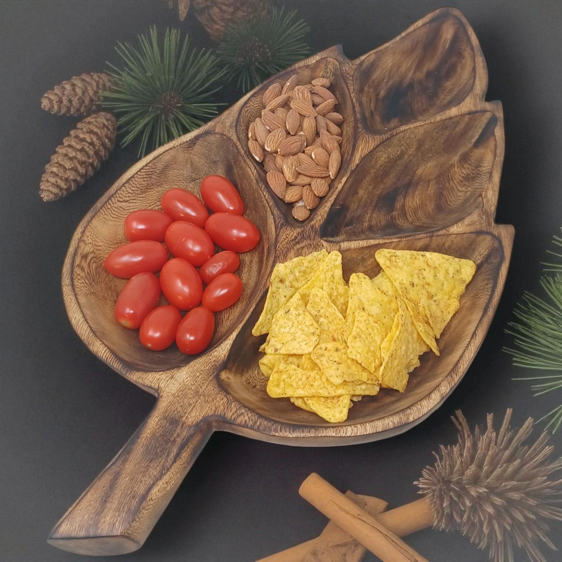 Leaf Shaped Olivewood Tray | 5-Section Handcrafted Wooden Serving Bowl, Appetizer Dish, Holiday Table Decor