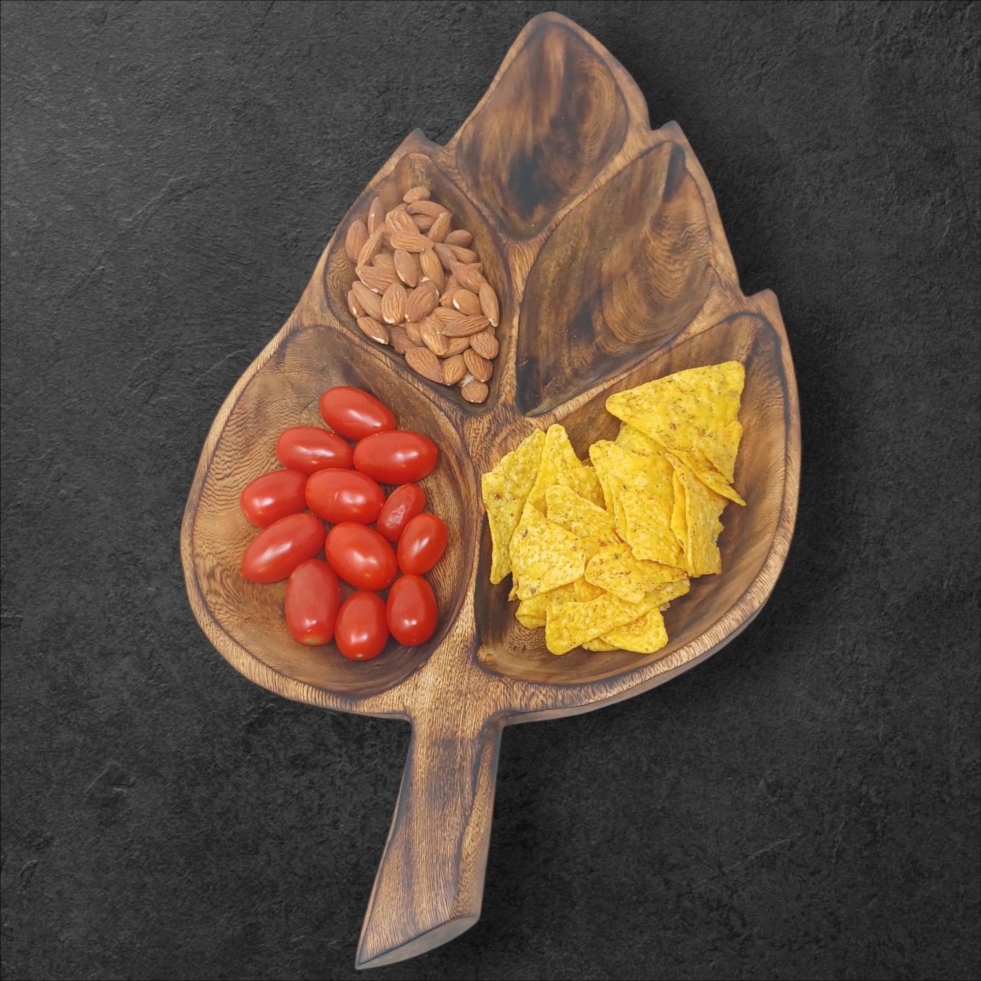 Leaf Shaped Olivewood Tray | 5-Section Handcrafted Wooden Serving Bowl, Appetizer Dish, Holiday Table Decor