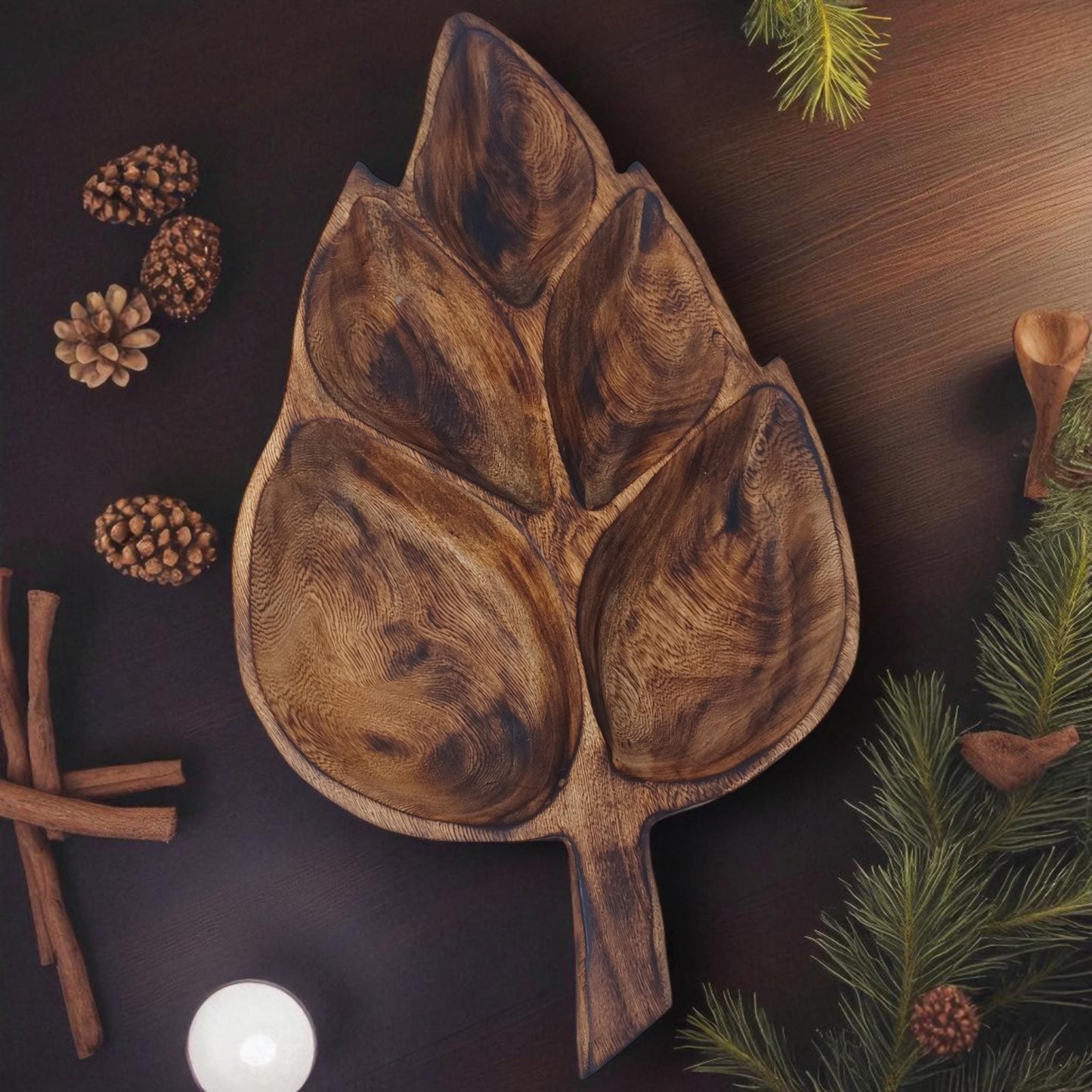 Leaf Shaped Olivewood Tray | 5-Section Handcrafted Wooden Serving Bowl, Appetizer Dish, Holiday Table Decor