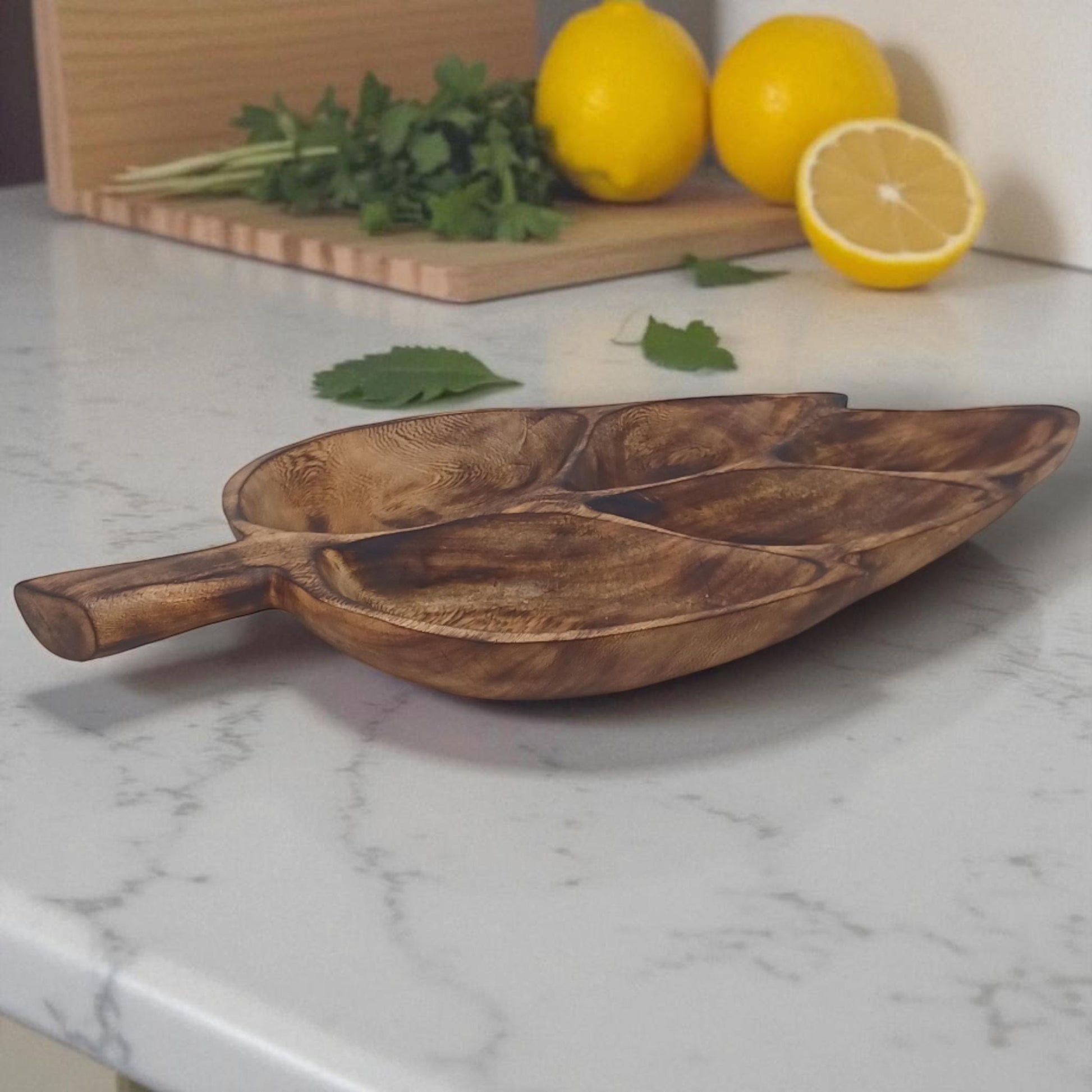 Leaf Shaped Olivewood Tray | 5-Section Handcrafted Wooden Serving Bowl, Appetizer Dish, Holiday Table Decor