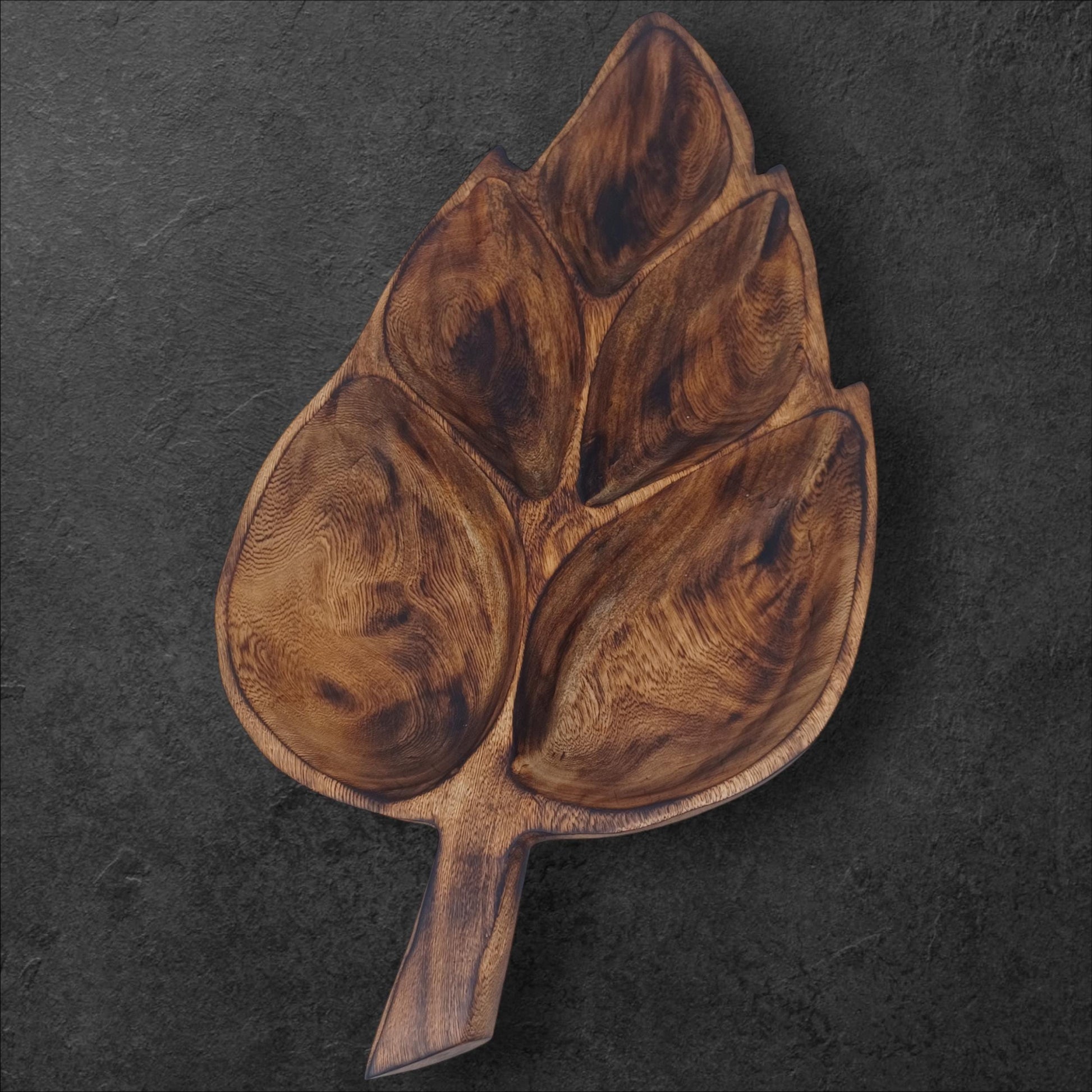 Leaf Shaped Olivewood Tray | 5-Section Handcrafted Wooden Serving Bowl, Appetizer Dish, Holiday Table Decor