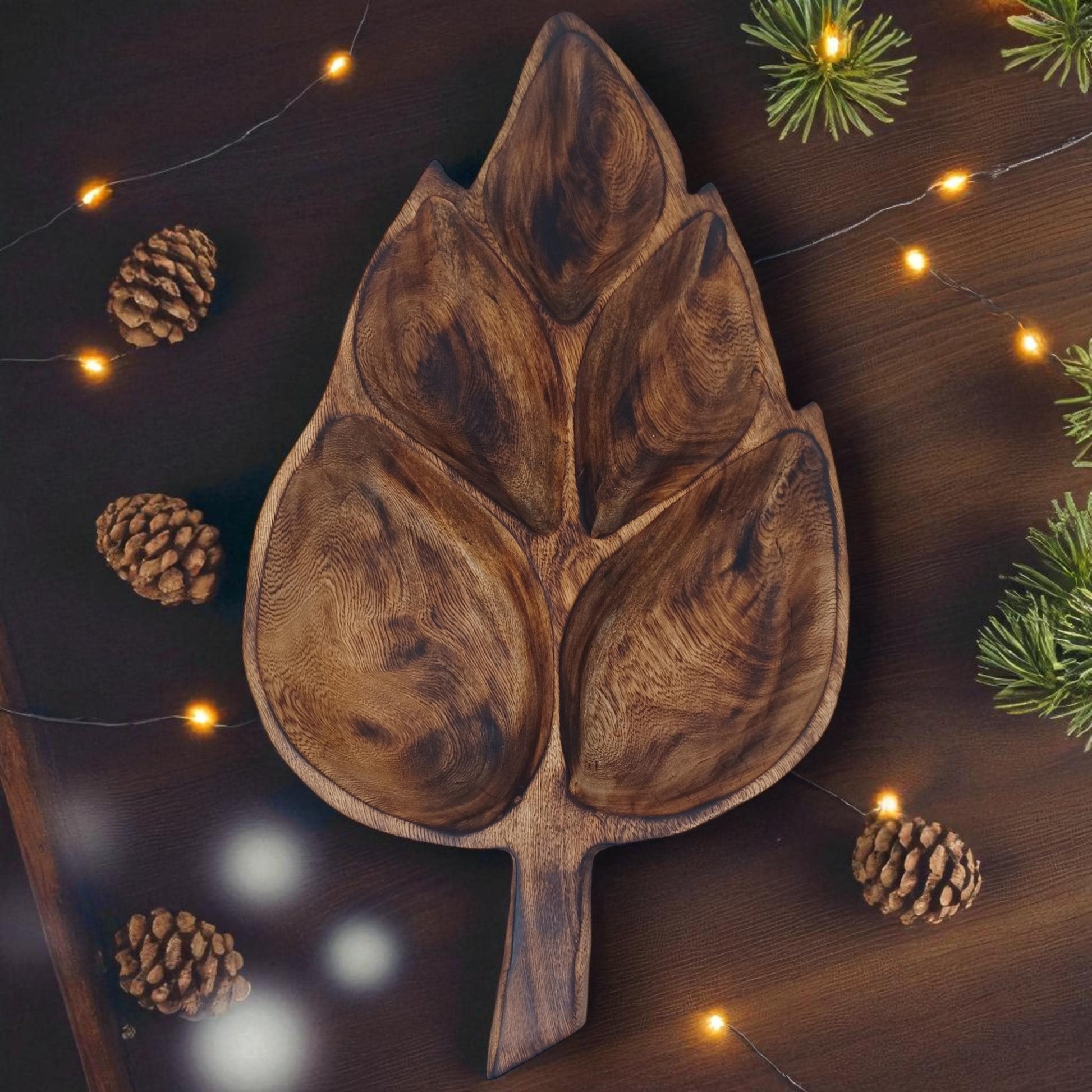 Leaf Shaped Olivewood Tray | 5-Section Handcrafted Wooden Serving Bowl, Appetizer Dish, Holiday Table Decor