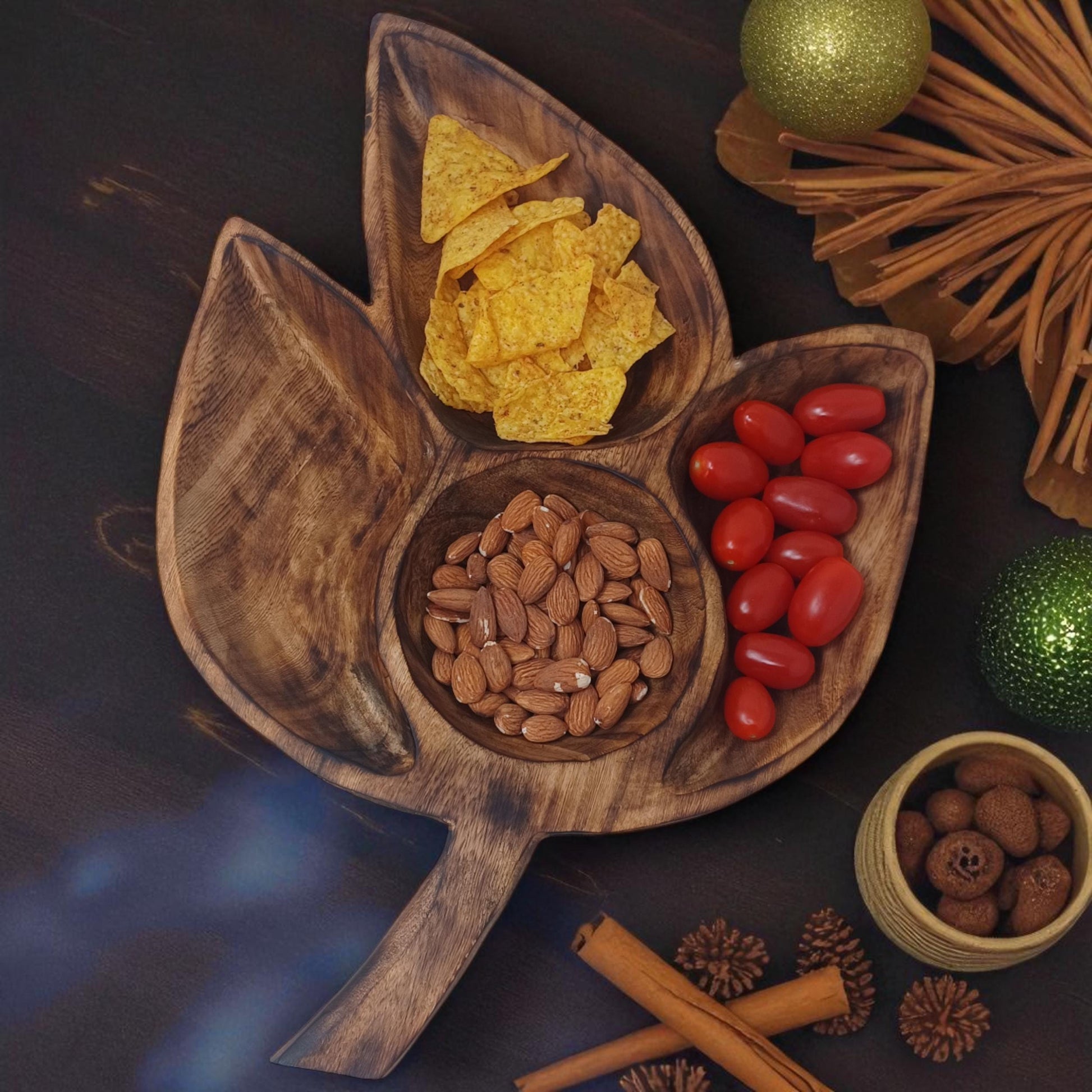 Clover Leaf Olivewood Serving Tray | 4-Section Snack Dish, Rustic Wooden Bowl for Parties & Holidays